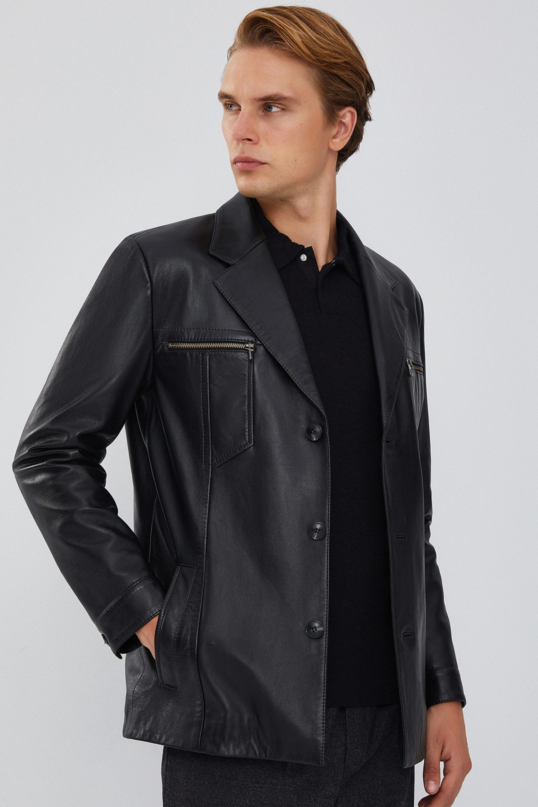Derimod Lederjacke Bernard Lederjacke Regular Fit, Knopfverschluss, Reverskragen, Kurz, Textilfutter