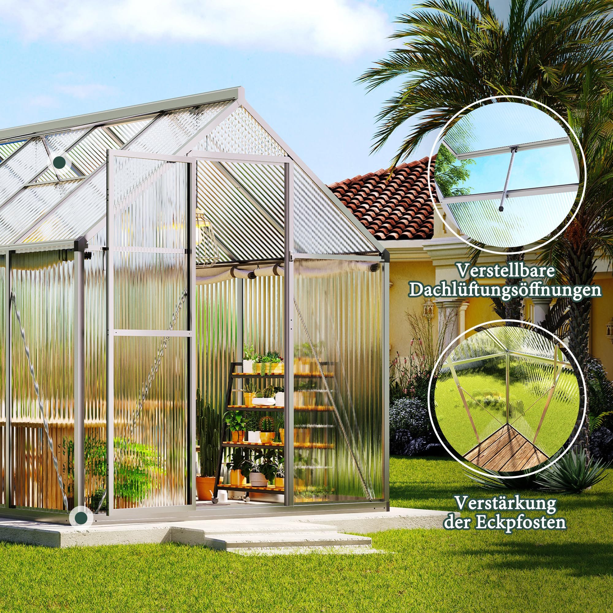 AMERLIFE Gewächshaus mit Schnellmontage & Aluminiumrahmen, 2 Belüftungsfenster, BxTxH: 303 x 181 x 195 cm, 181×303×195 cm, 10 m³ Volumen, UV-beständig & wetterf – Bild 5 von 5