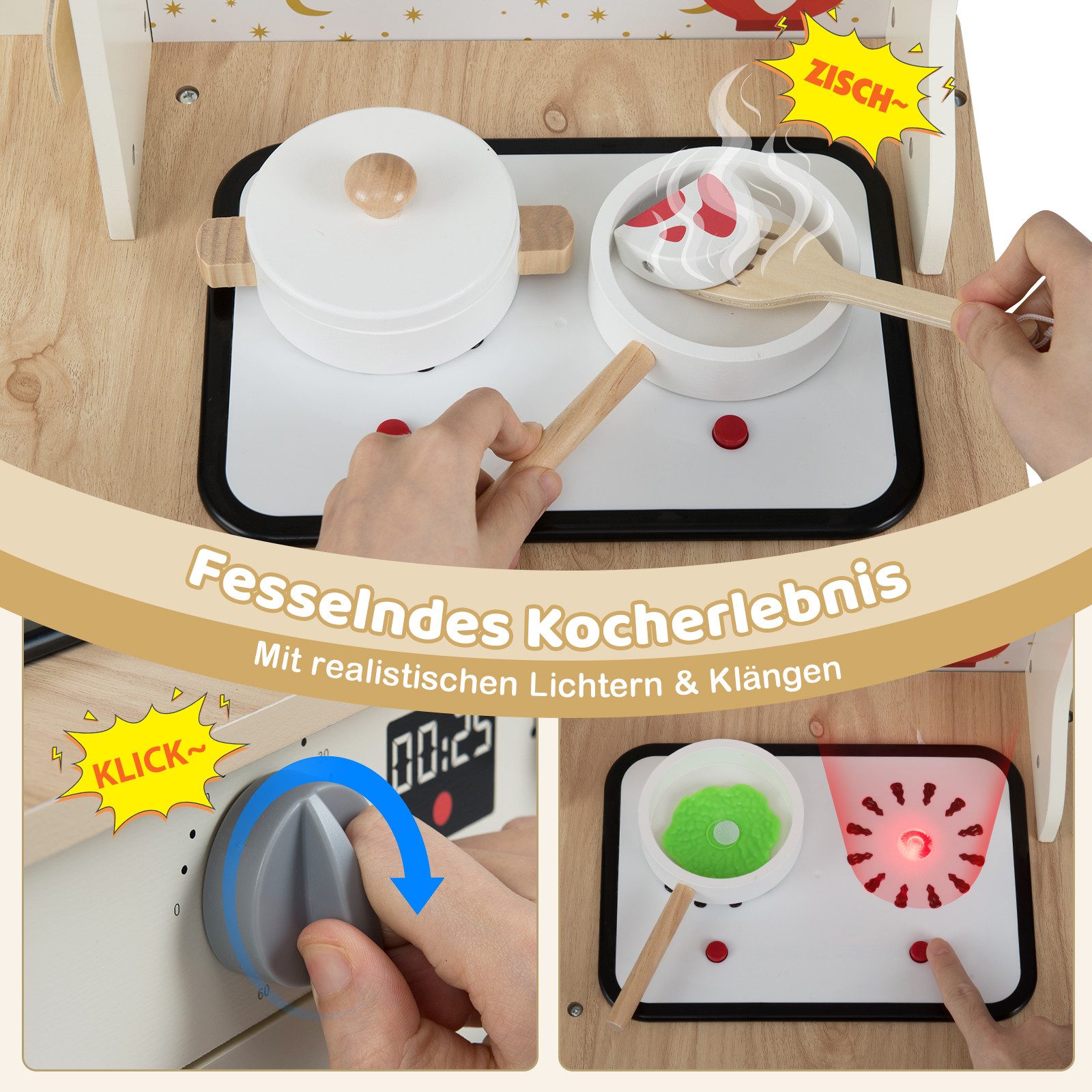 COSTWAY Spielküche Holz, Eckküche Spielset mit Mikrowelle & Geschirrspüler