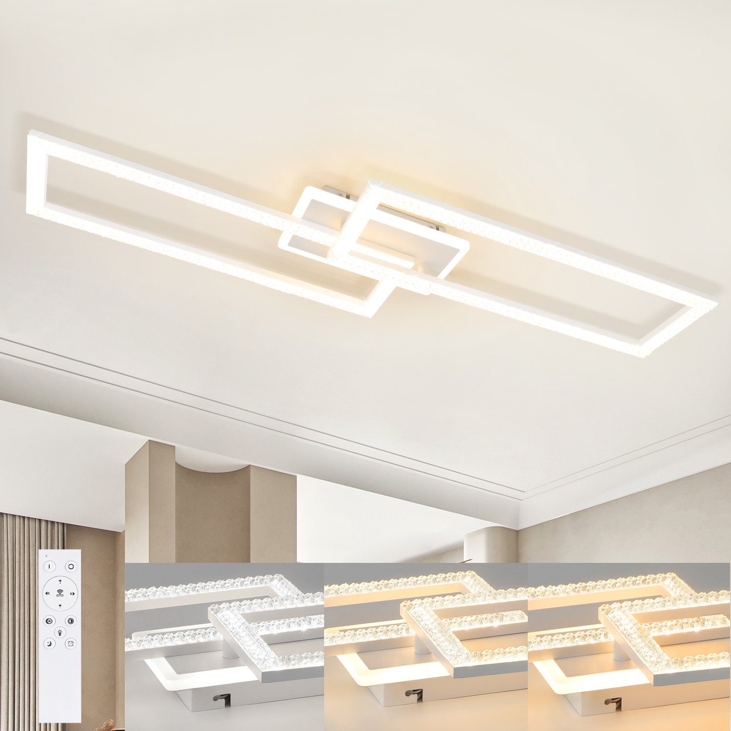 Nettlife LED Deckenleuchte Weiß 56W Deckenlampe Schlafzimmer Küche Kristall mit Fernbedienung, Quadratisch, für Warmweiß, Kaltweiß, 80CM Dimmbar LED integriert, Metall Wohnzimmer fest Neutralweiß