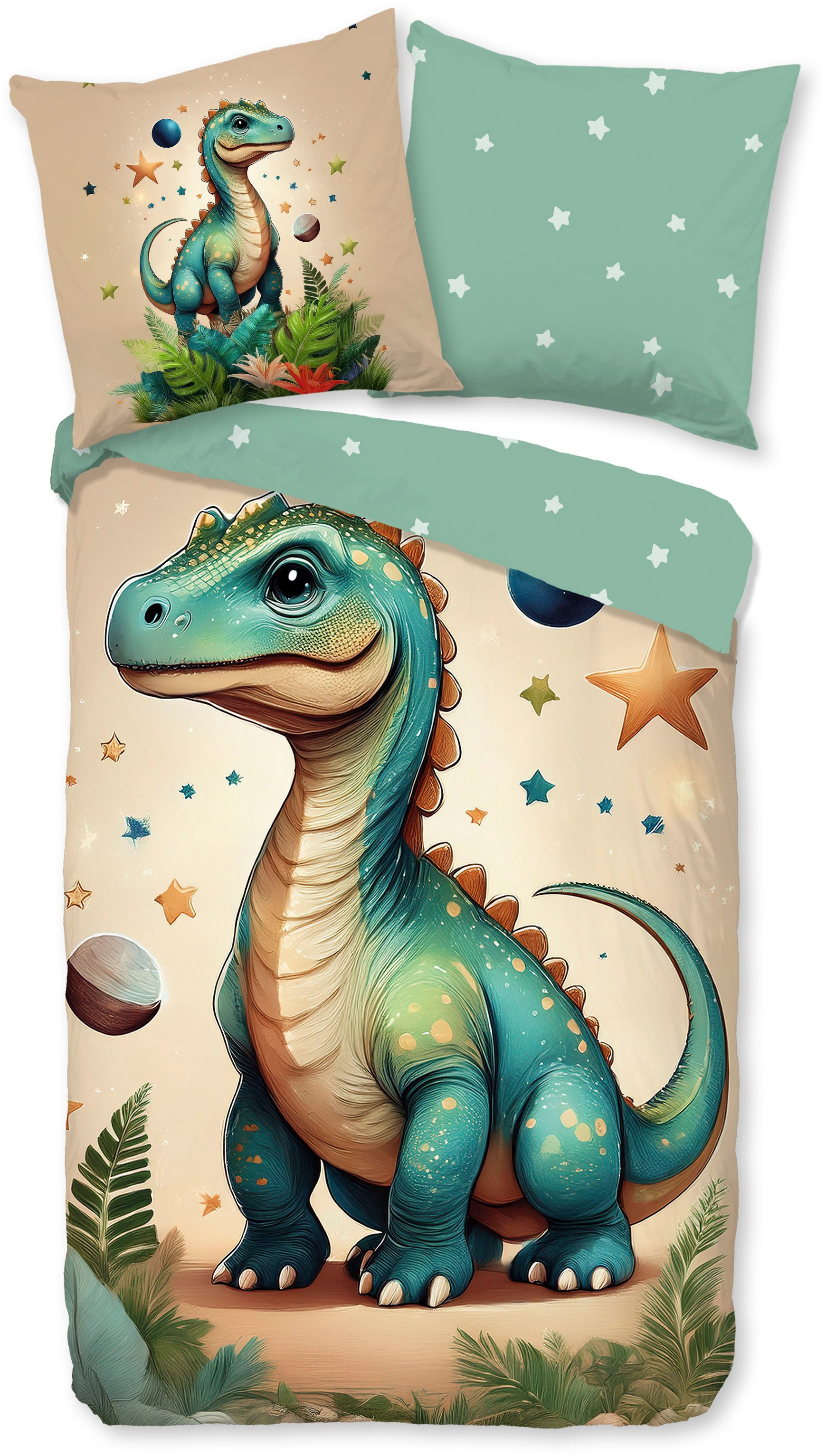 good morning Kinderbettwäsche Milo, Biber, Flanell, 2 teilig, Flanell Biber, 135x200, Warm, Reißverschluss, Wende, Kind, Junge, Dino – Bild 2 von 5