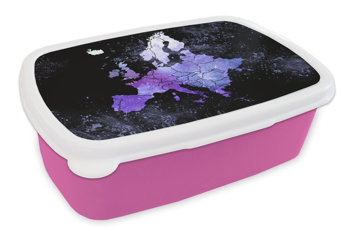 MuchoWow Lunchbox Karte - Europa - Sternenhimmel, Kunststoff, (2-tlg), Brotbox für Erwachsene, Brotdose Kinder, Snackbox, Mädchen, Kunststoff rosa