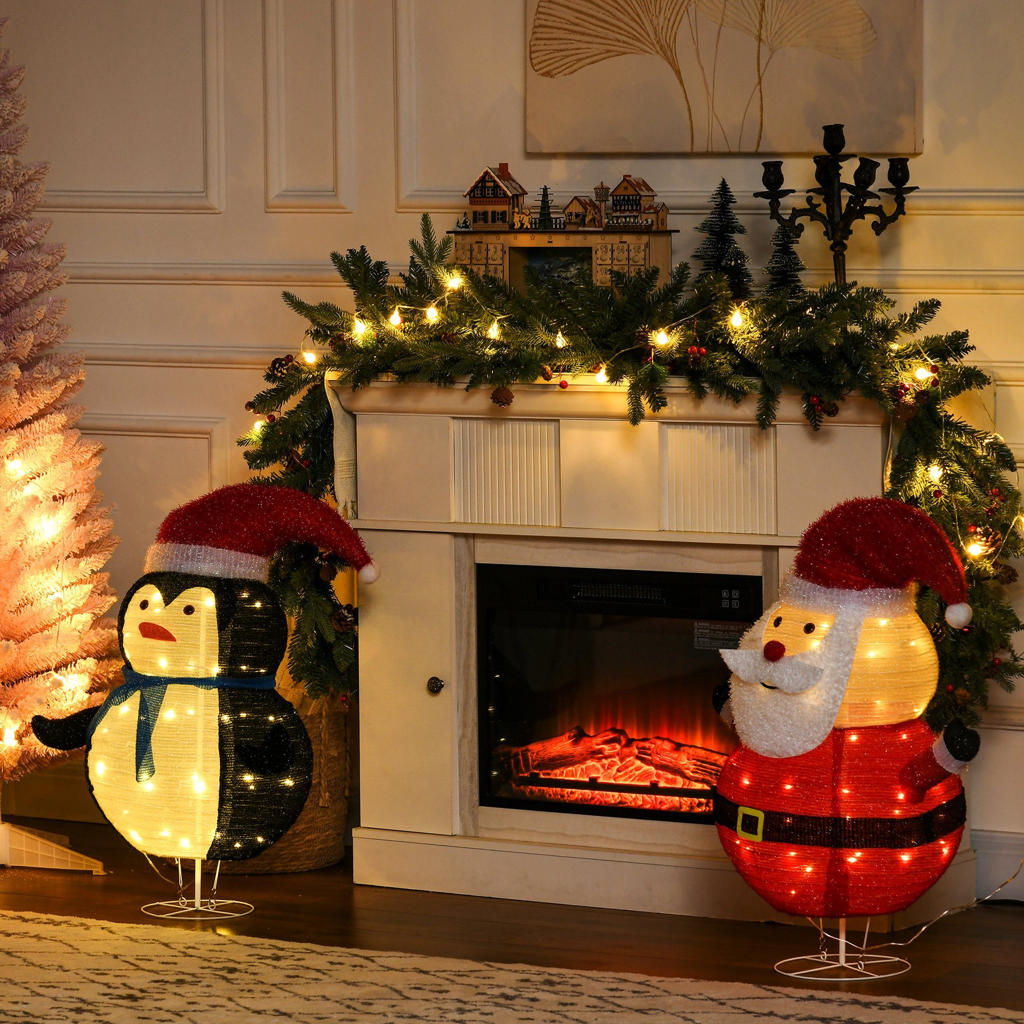 HOMCOM Weihnachtsfigur beleuchteter Weihnachtsmann 100 St., LED falten mit Weihnachtspinguin, Weihnachtsdekoration), Beleuchtete warmweißen 2 Lichtern Leicht zu (beleuchteter
