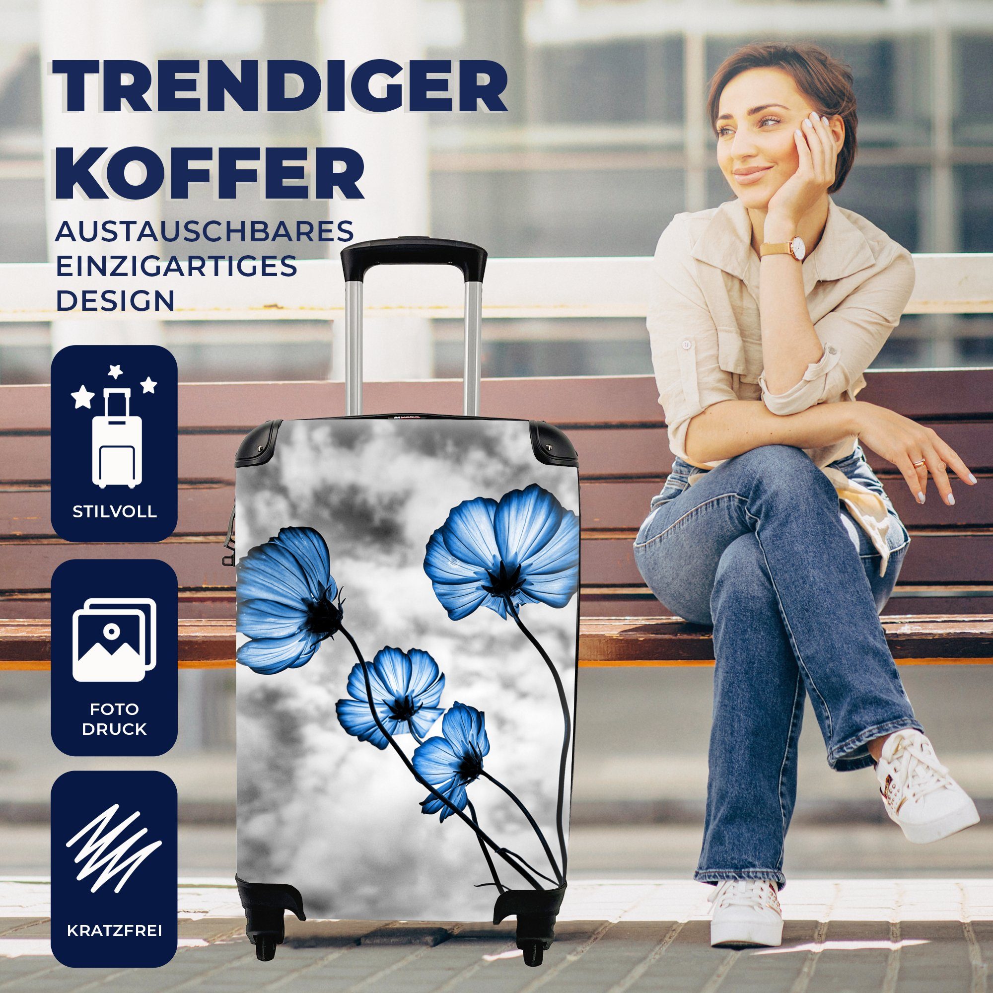 Blau mit Blumen - - Rollen, für Handgepäck 4 rollen, Trolley, Handgepäckkoffer Reisekoffer - Reisetasche MuchoWow Ferien, Schwarz Weiß,