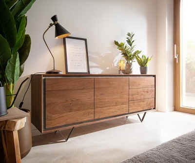 DELIFE Sideboard Stonegrace, Akazie Braun Steinfurnier 175 cm 2 Türen 3 Schübe V-Fuß Schwarz