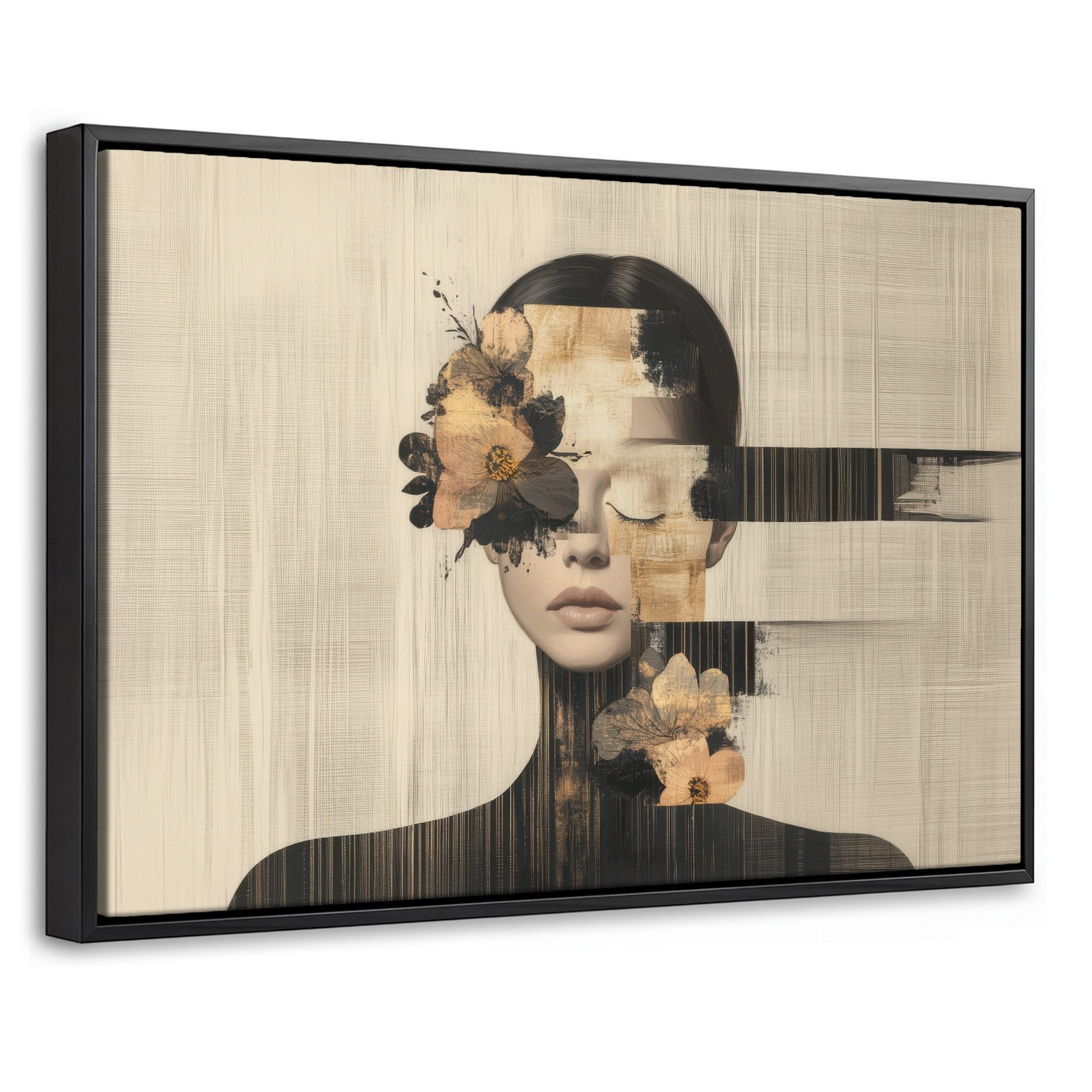 OneMillionCanvasses® Leinwandbild mit Rahmen - Gesicht - Blumen - Schwarz - Frau, Fotodruck (1 St), Bilder, Zimmer Wand Bild Dekoration 30x20cm