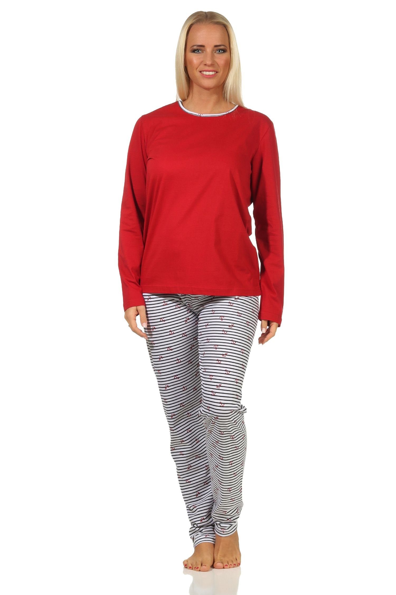 RELAX by Normann Pyjama Damen langarm Schlafanzug in maritimer Streifen Optik - 122 10 717 rot