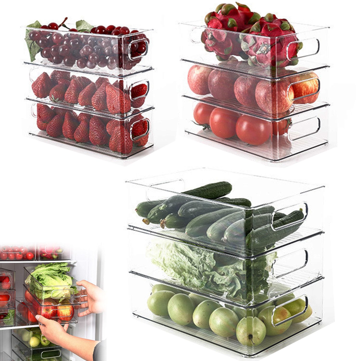 Refined Living Aufbewahrungsbox Kühlschrank Organizer Set Stapelbar - 9er Set (3 Größe) Korbeinsatz (Küchen Organizer mit Griff Küchenorganizer-Set Vorratsdose BPA frei, 9 St., Make-up organizer, Food container Obst Gemüse bleibt Frischhaltedose), für Speisekammer, Gefrierschrank, Schrank, Schublade, Büro, Badezimmer