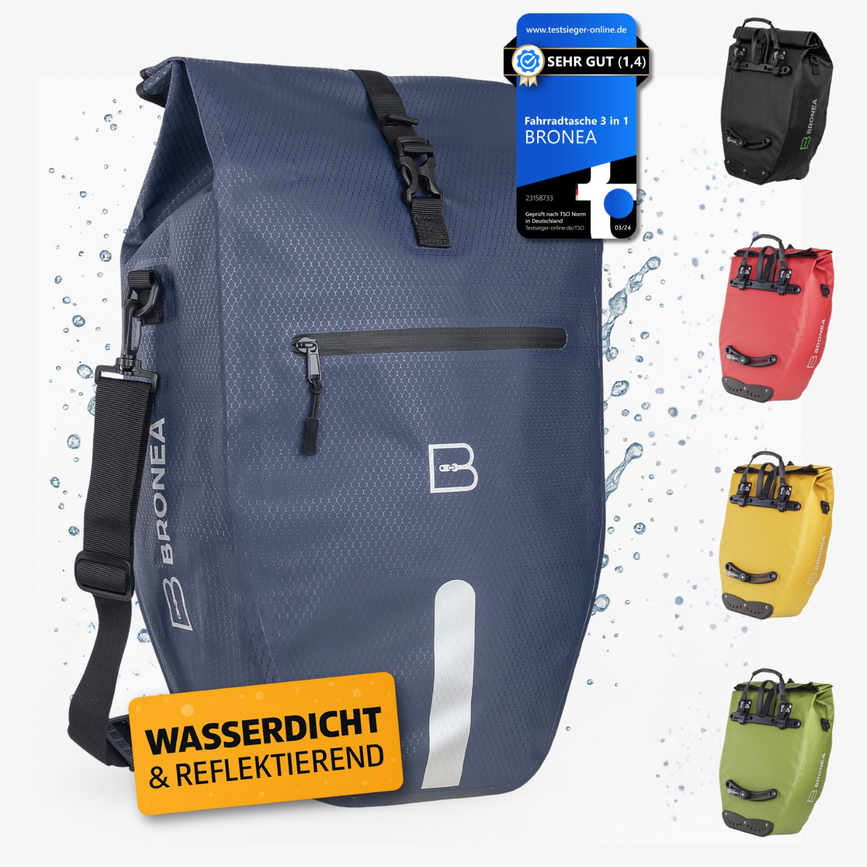 Bronea Fahrradtasche 2-in-1 Gepäckträgertasche Fahrrad - XXL 28 Ltr -JEANSBLUE- abnehmbar (Fahrradtasche für Gepäckträger hinten, Wasserdicht & Reflektierend - Laptoptasche), Innovatives verstellbares Click System für alle Gepäckträger