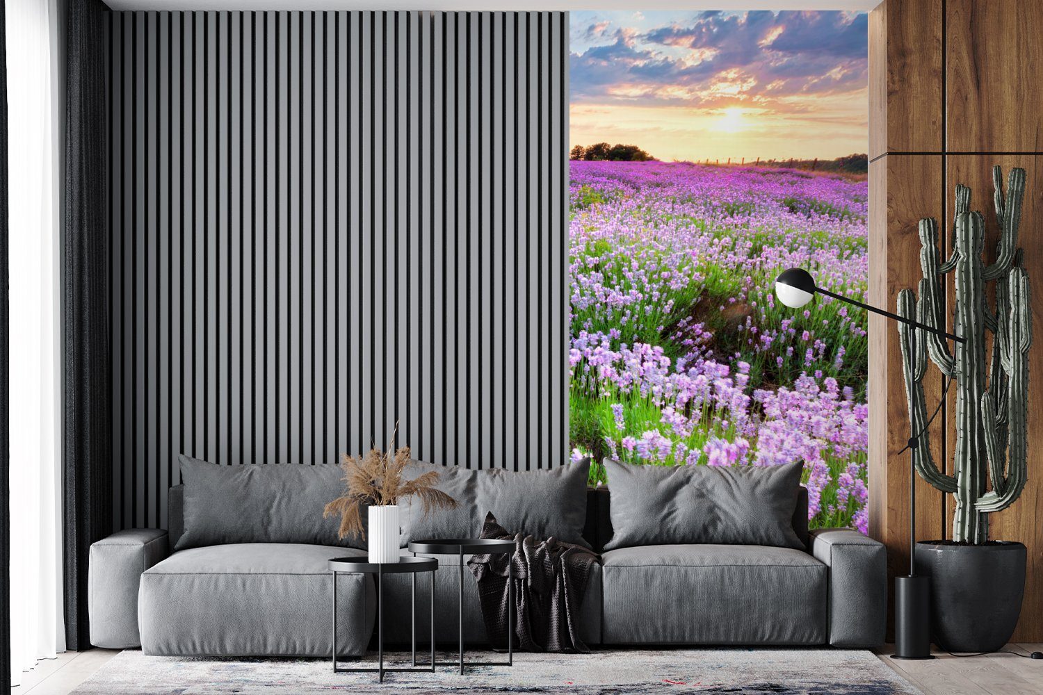 Sonnenuntergang Lavendel Wohnzimmer - für Lila Schlafzimmer - Blumen - - (2 - Matt, - Küche, Natur, MuchoWow Fototapete bedruckt, Vliestapete St), Himmel Fototapete Wiese