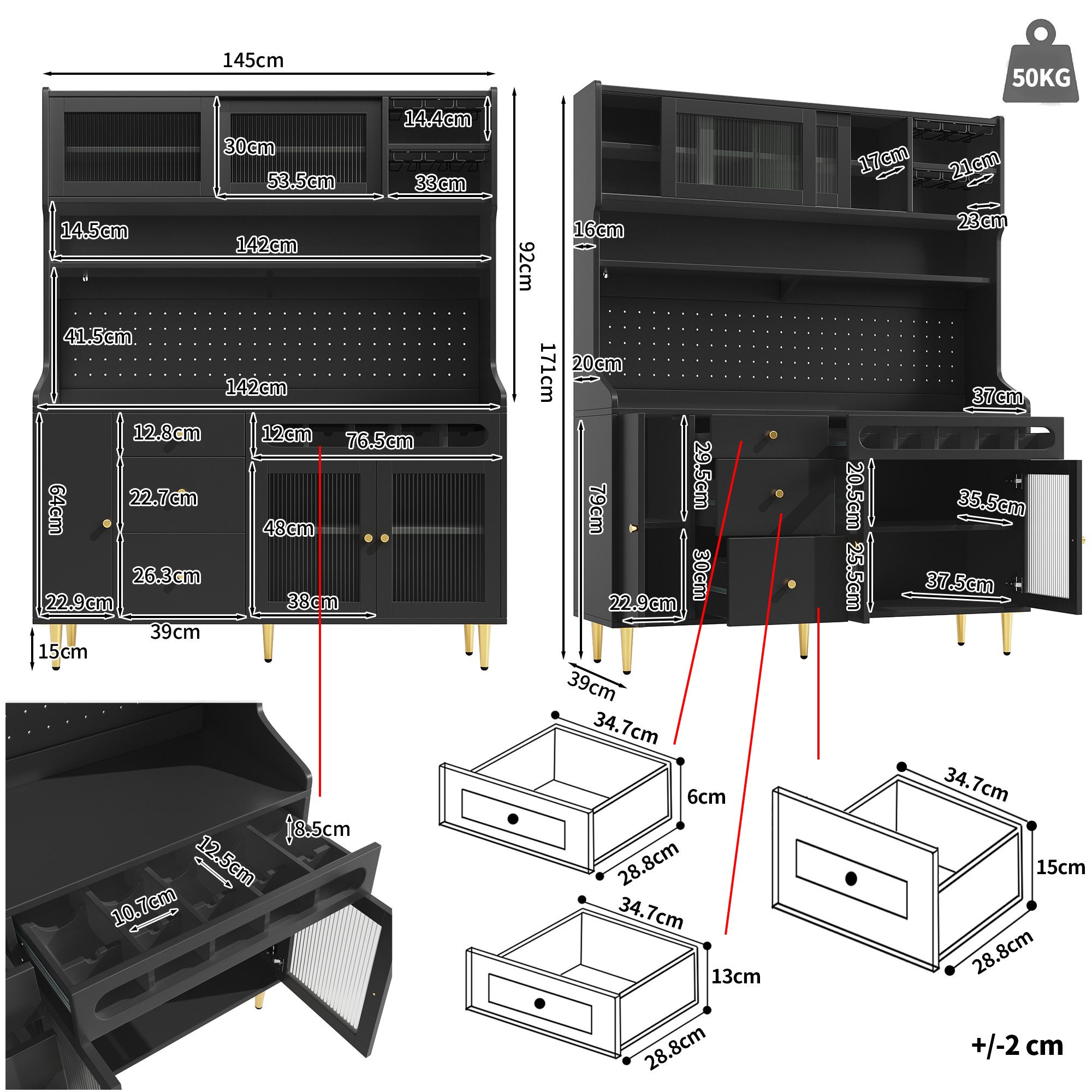 Celya Buffet Hochschrank mit LED und Weinregal (145×39×171cm, mit verstellbaren Einlegeböden) fürs Wohnzimmer, Küchenschrank, Esszimmerschrank