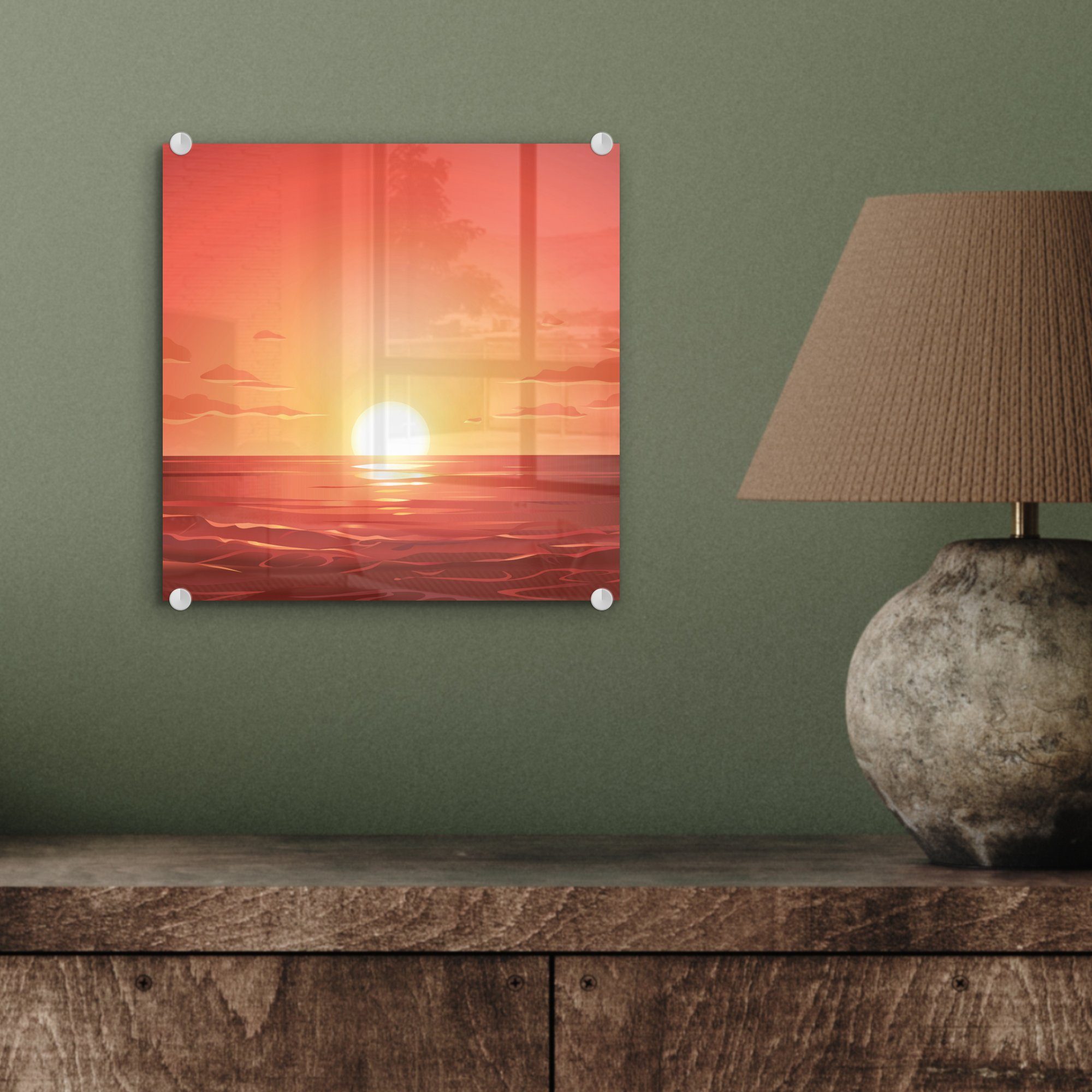 MuchoWow Glas Sonne Orange, Glas - - (1 - Glasbilder Wandbild Foto auf St), Wanddekoration Acrylglasbild - - Meer auf Bilder