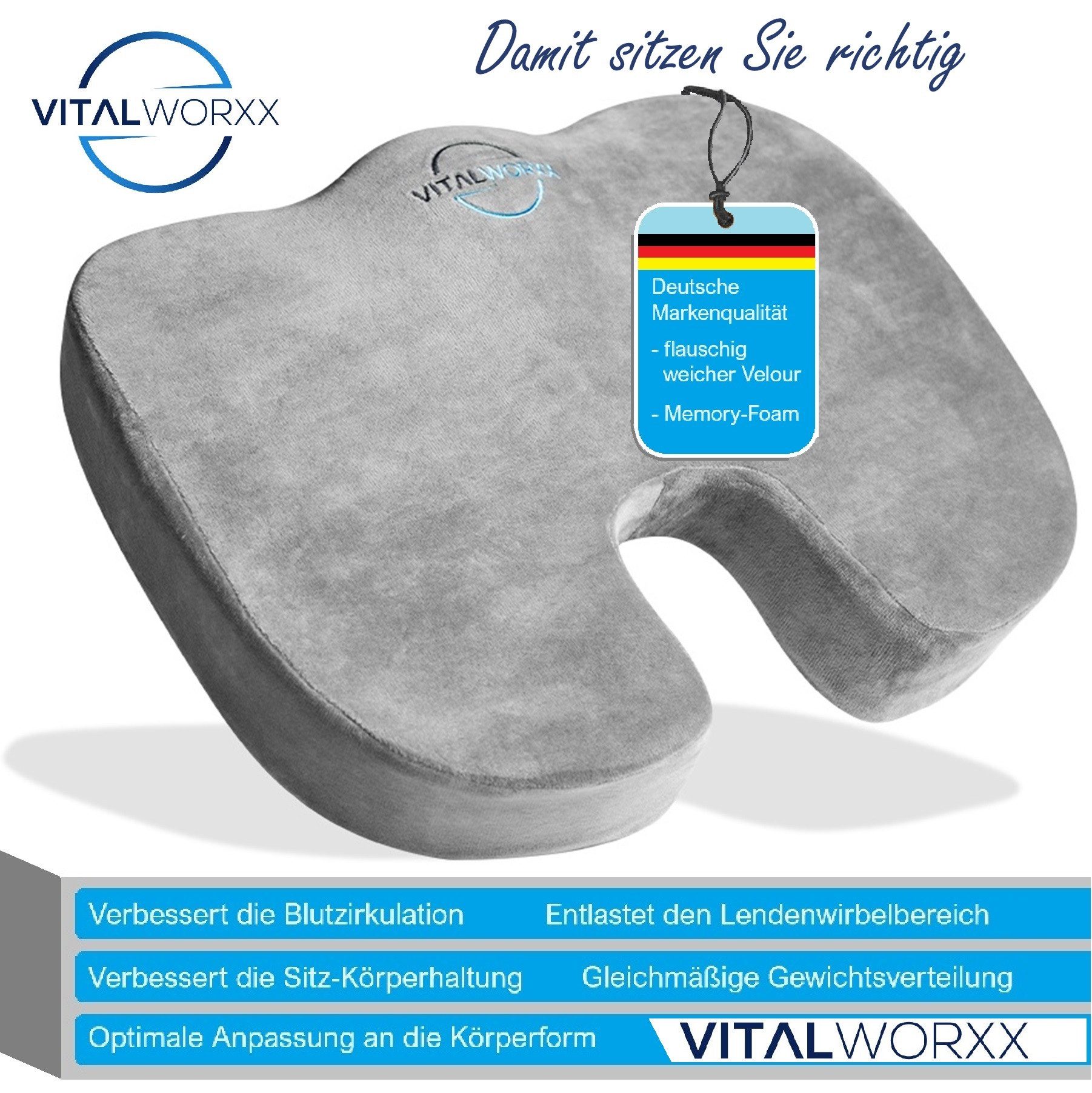 VITALWORXX Steißbeinkissen Orthopädisches Sitzkissen ideal für Büro und Auto ergonomisches Kissen