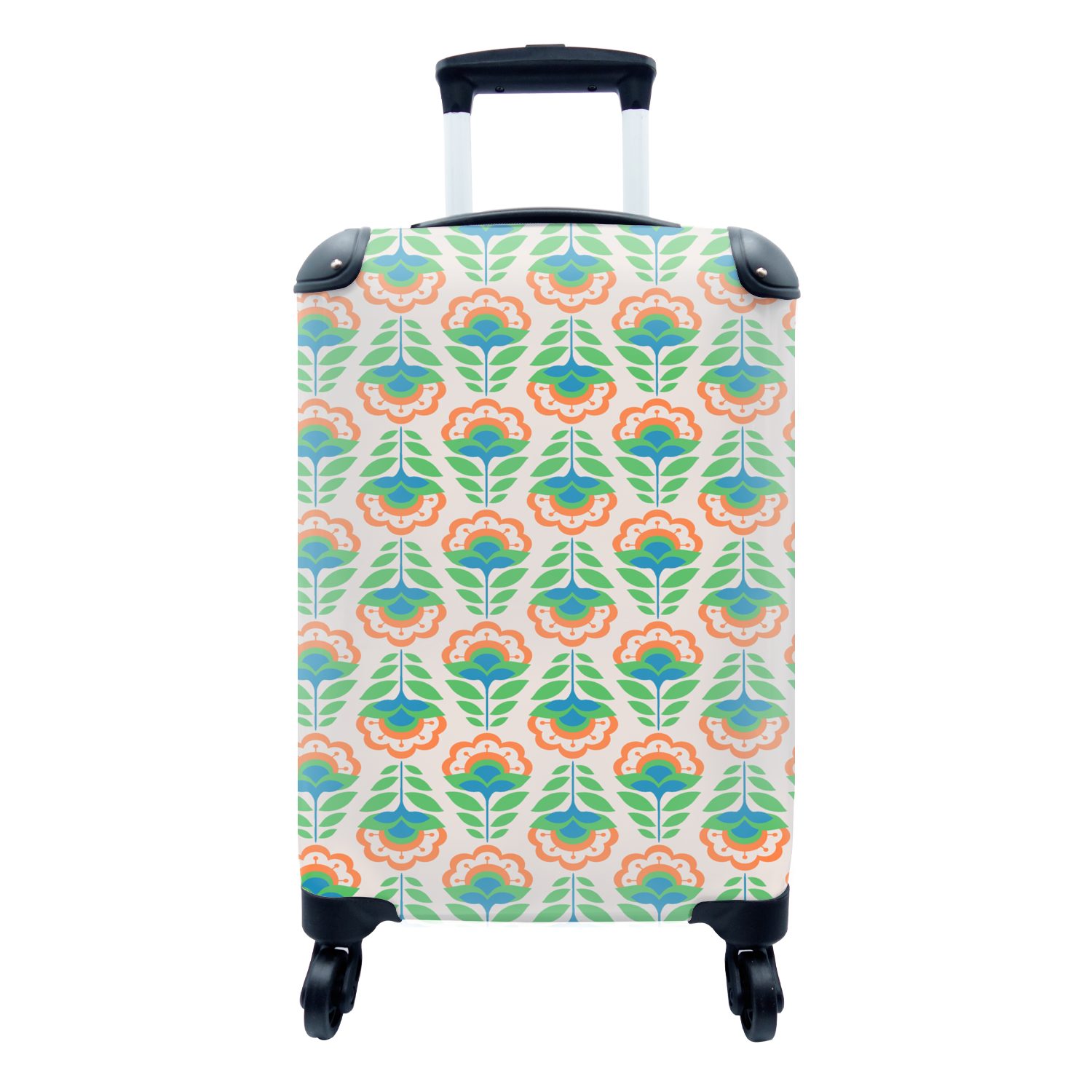 MuchoWow Retro Ferien, Design - Orange, Reisetasche Rollen, - Grün - rollen, - Trolley, Handgepäck für mit Handgepäckkoffer Blumen 4 Reisekoffer