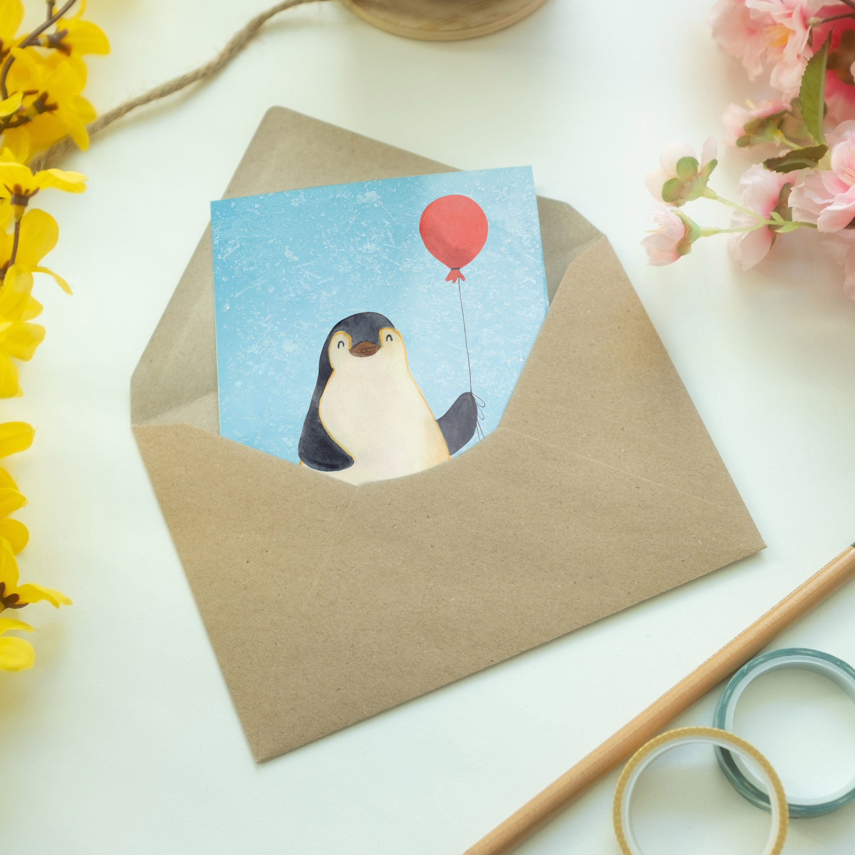 Geschenk, Motiv neues Luftballon Leben, Mrs. & - Grußkarte Eisblau Mr. - fröhlich, Pinguin Panda