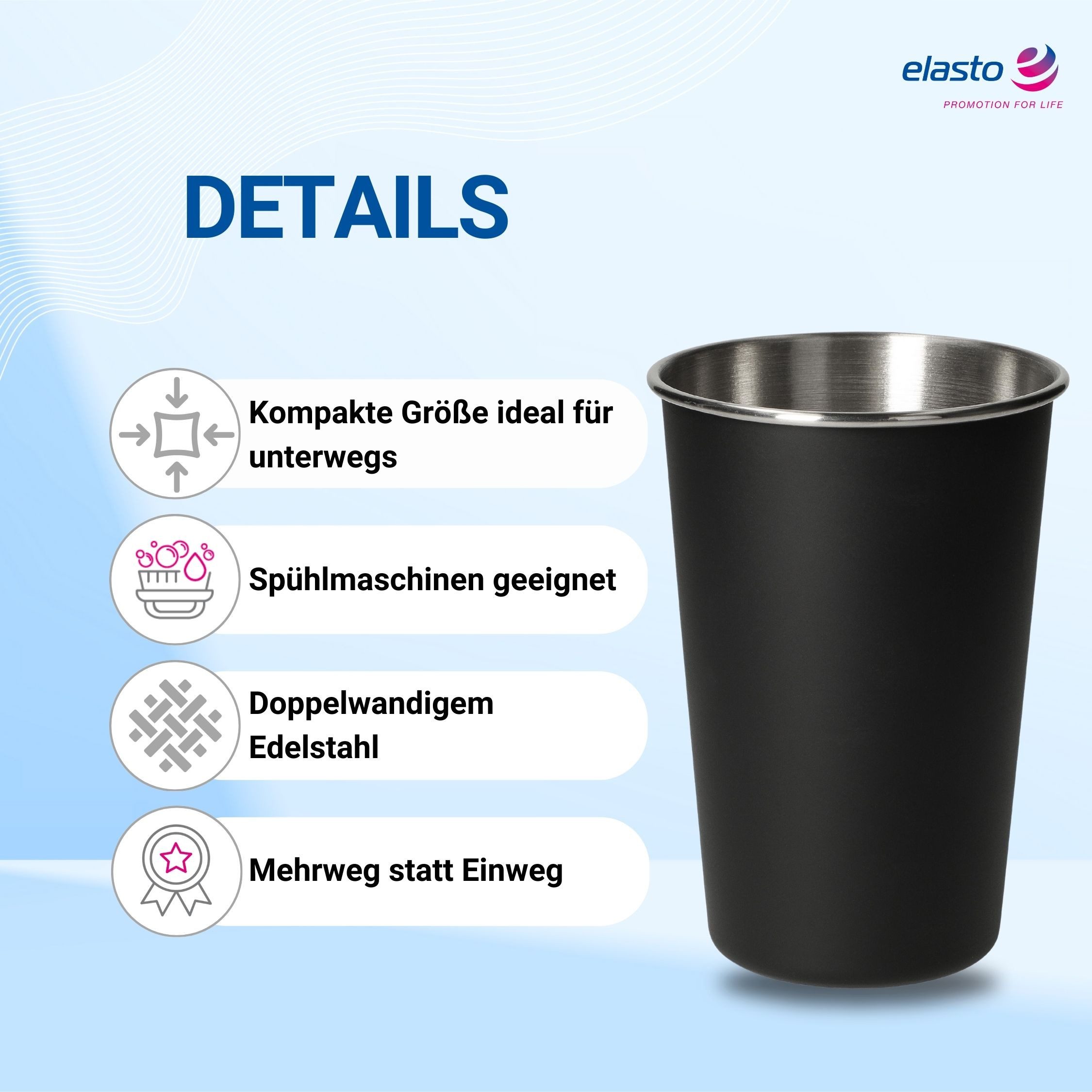 elasto Becher Edelstahl Trinkbecher to go 500 ml METALLO perfekt für unterwegs, Edelstahl, robust, camping geschirr, wandern, Becher für Partys