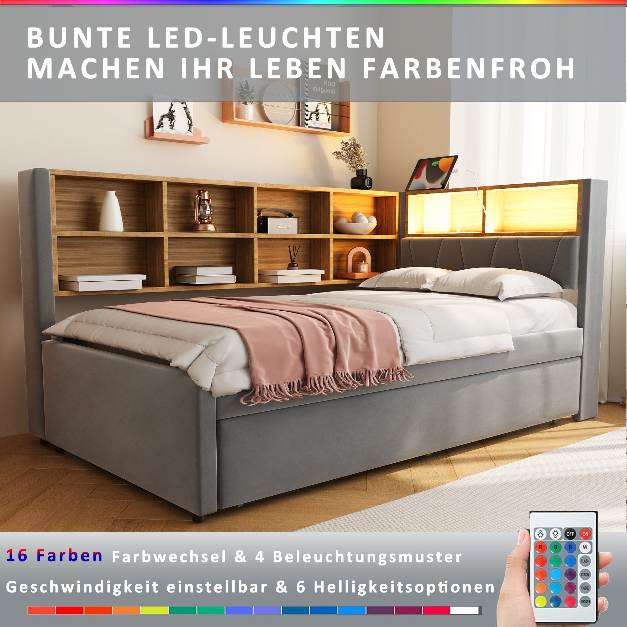 Merax Daybett 90x200cm mit Ausziehbett 90x190cm, Polsterbett Schlafsofa Tagesbett mit LED, Steckdosen und Ablagefächern – Bild 5 von 5