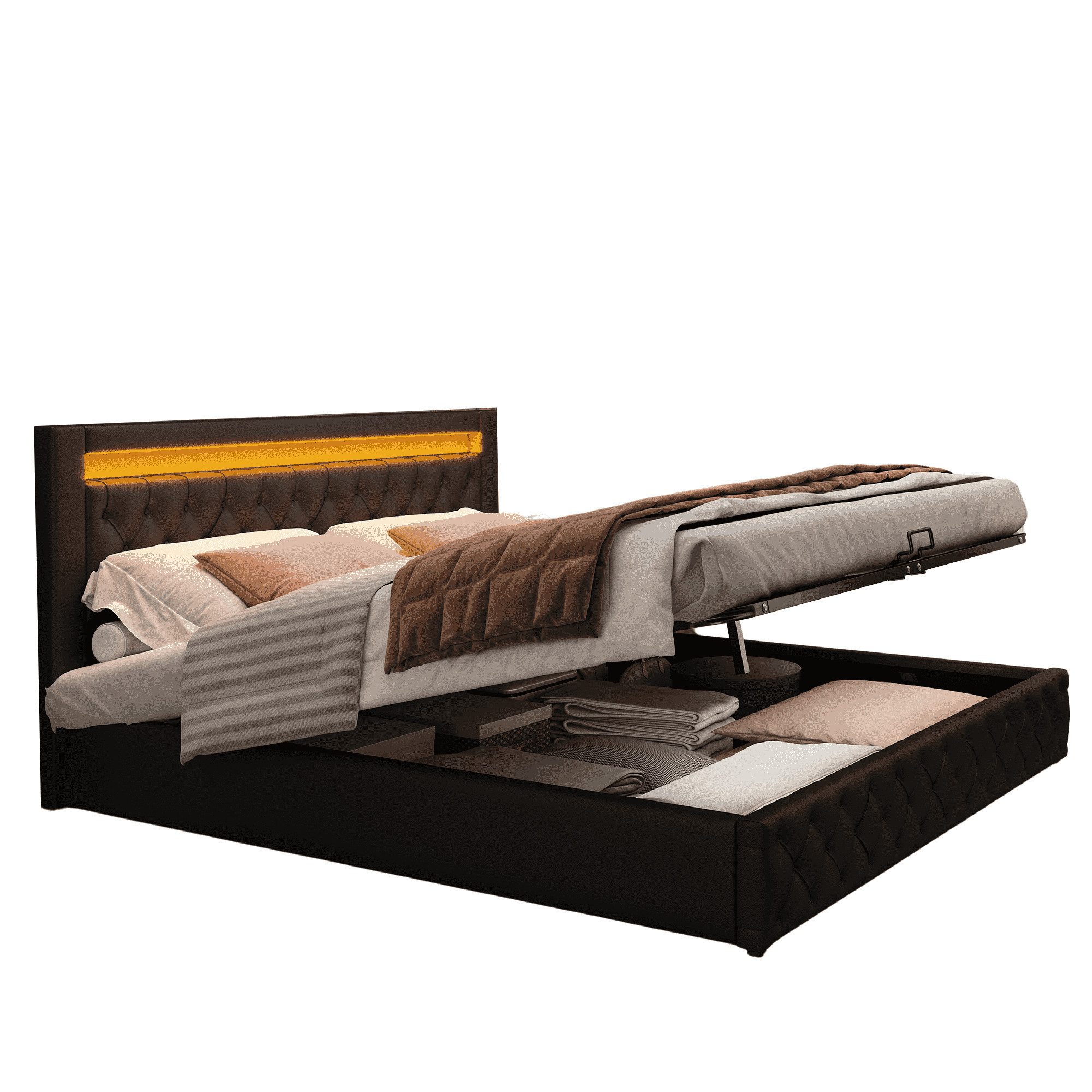 BlingBin Polsterbett Doppelbett Funktionsbett mit Lattenrost, Stauraum und LED-Beleuchtung (1er Set, 1-tlg., 140*200 cm, Ohne Matratze, Belastbarkeit maximal: 220 KG), Hochklappbaren Lattenrosts, Klassische Stil, PU, Schwarz