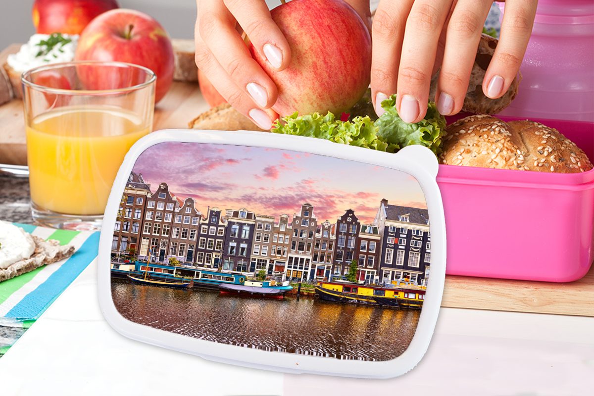 (2-tlg), MuchoWow Amsterdam rosa Lunchbox Kinder, Brotdose - Häuser Grachten, für Erwachsene, Kunststoff, Mädchen, Brotbox - Snackbox, Kunststoff