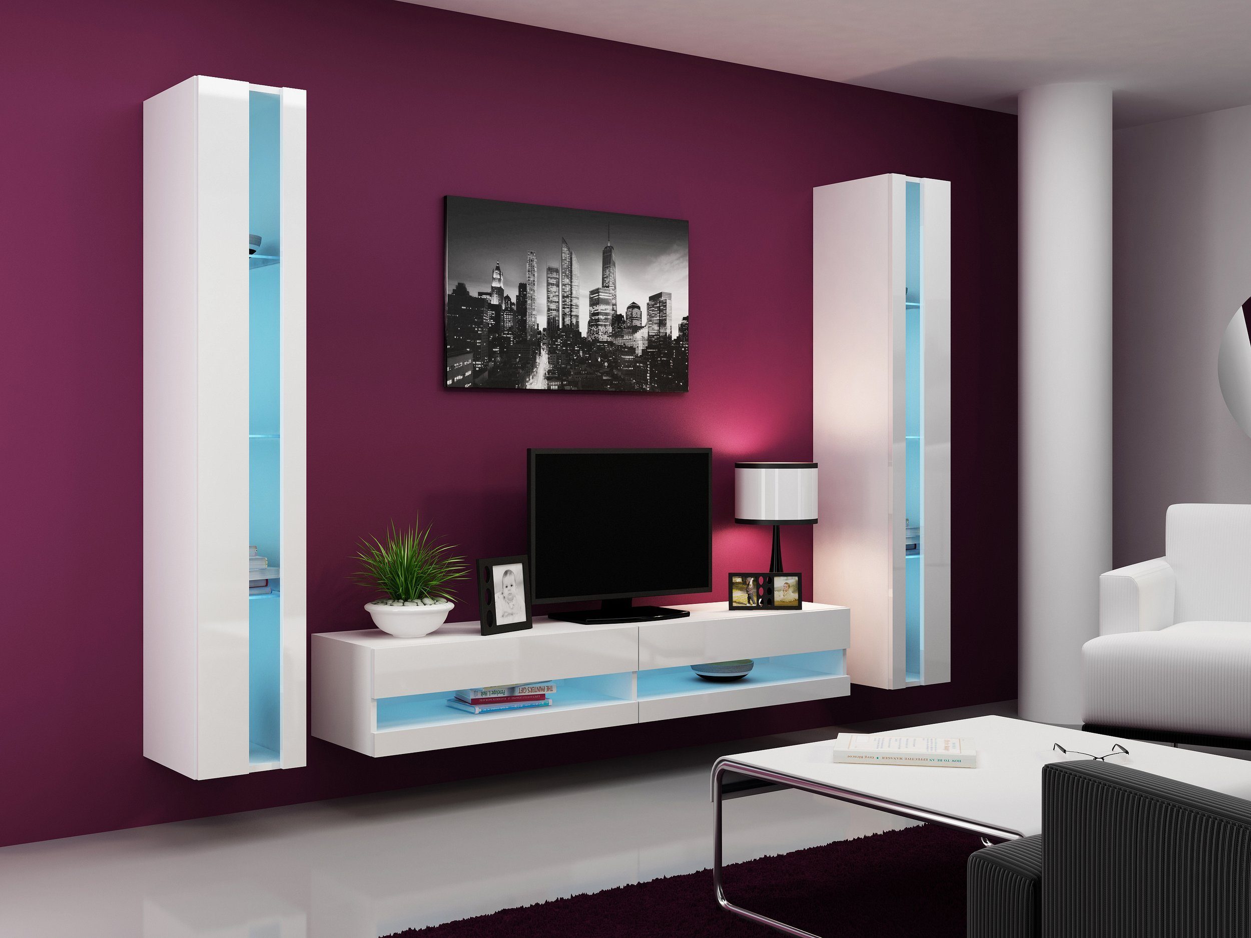 Stylefy Wohnwand Vago N III, (Set (3-St), Wohnmöbel, Wohnzimmer-Set), bestehend aus 1xLowboard und 2xHängevitrine, Glaselemente, mit Push-to-Open, inkl. LED-Beleuchtung Weiß/Weiß Hochglanz