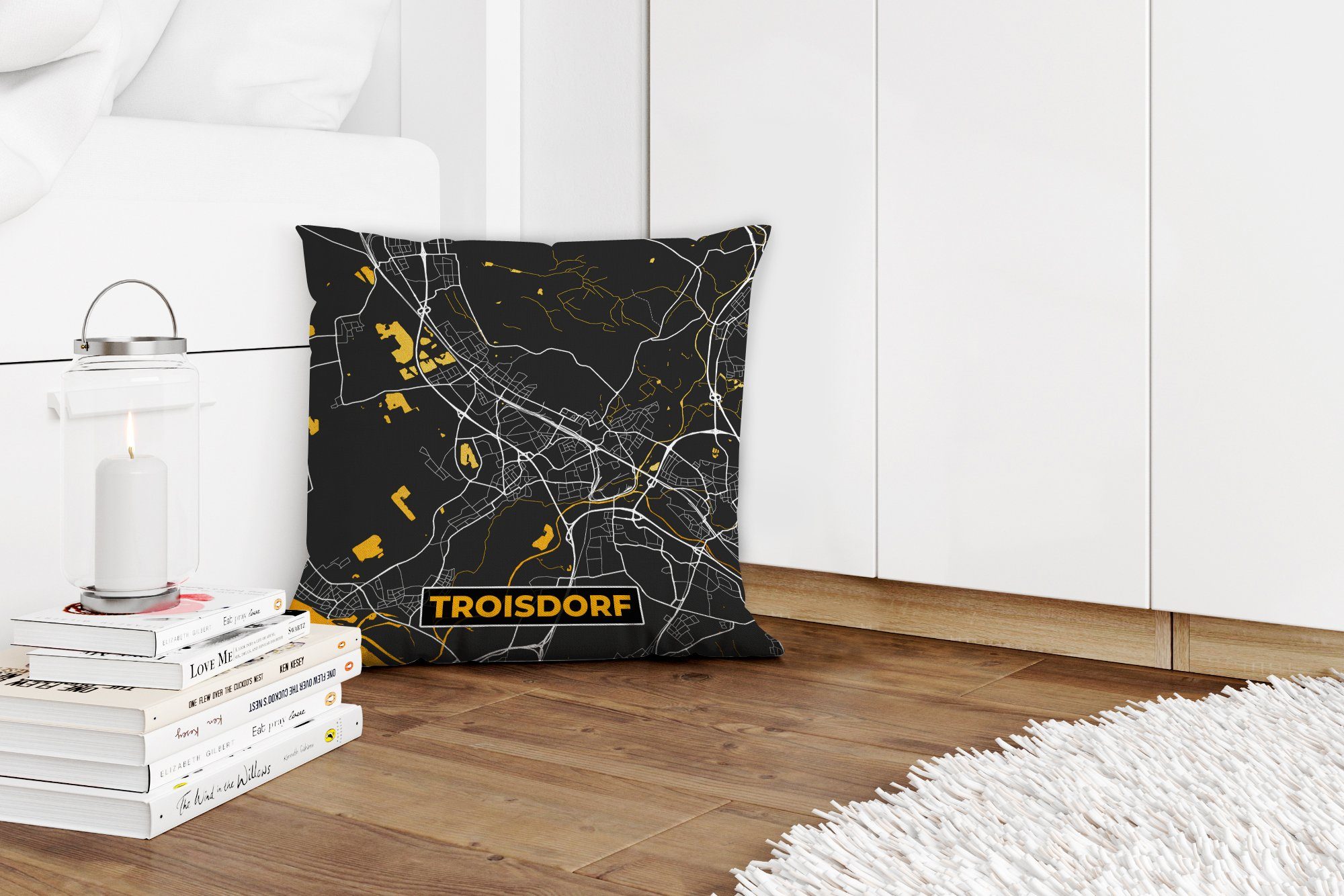 MuchoWow Dekokissen Gold Troisdorf, - Deko, mit Deutschland Wohzimmer, Schlafzimmer, - Karte Sofakissen Füllung - Zierkissen für