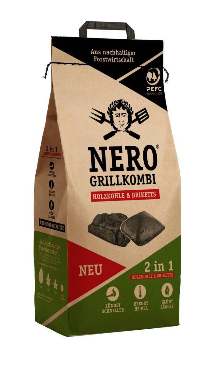 NERO Grillkohle 15426, (Beutel, 2 in 1 Grillkombi aus Holzkohle & Holzkohlebriketts), 2,5 kg, aus nachhaltiger Forstwirtschaft