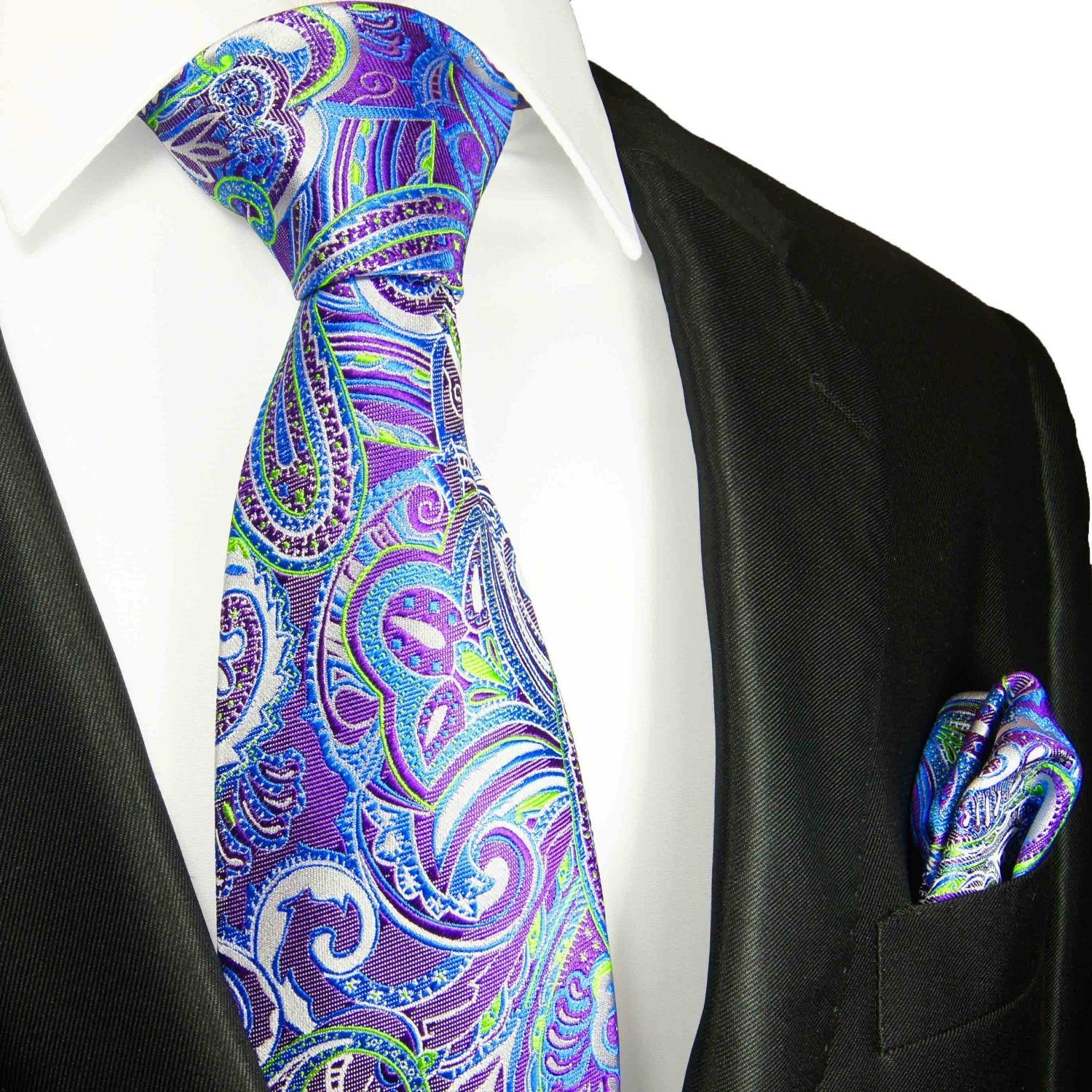 Paul Malone Krawatte Edle Herren Seidenkrawatte mit Tuch modern paisley  100% Seide (Set, 2-St., Krawatte mit Einstecktuch) Schmal (6cm), blau grün  lila 2060