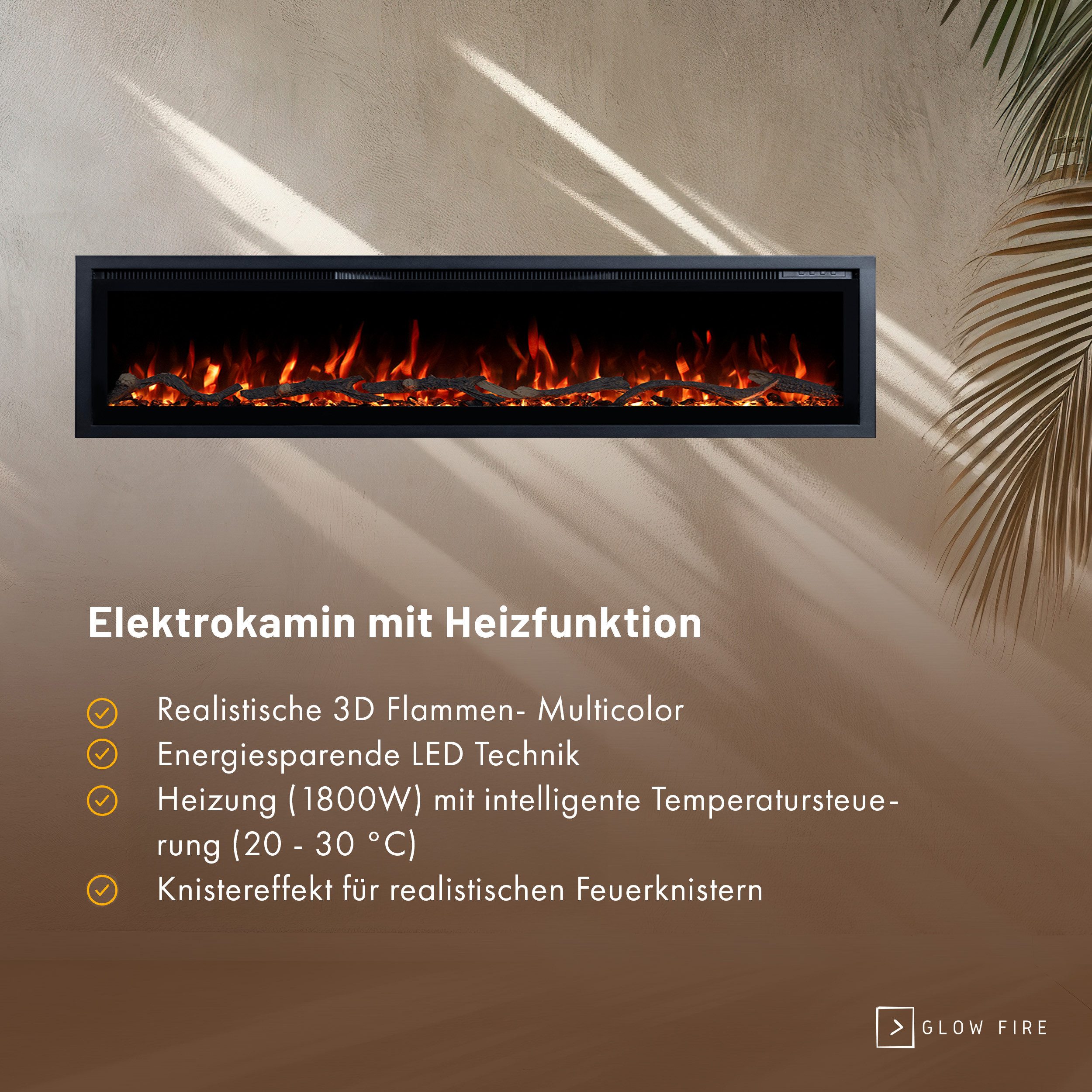 GLOW FIRE Elektrokamin GF Core Wandkamin mit 3D Feuer und Heizung (Thermostat, 900- 1800 W), Elektrischer Stand-, Wand- oder Einbaukamin mit APP Steuerung, LED