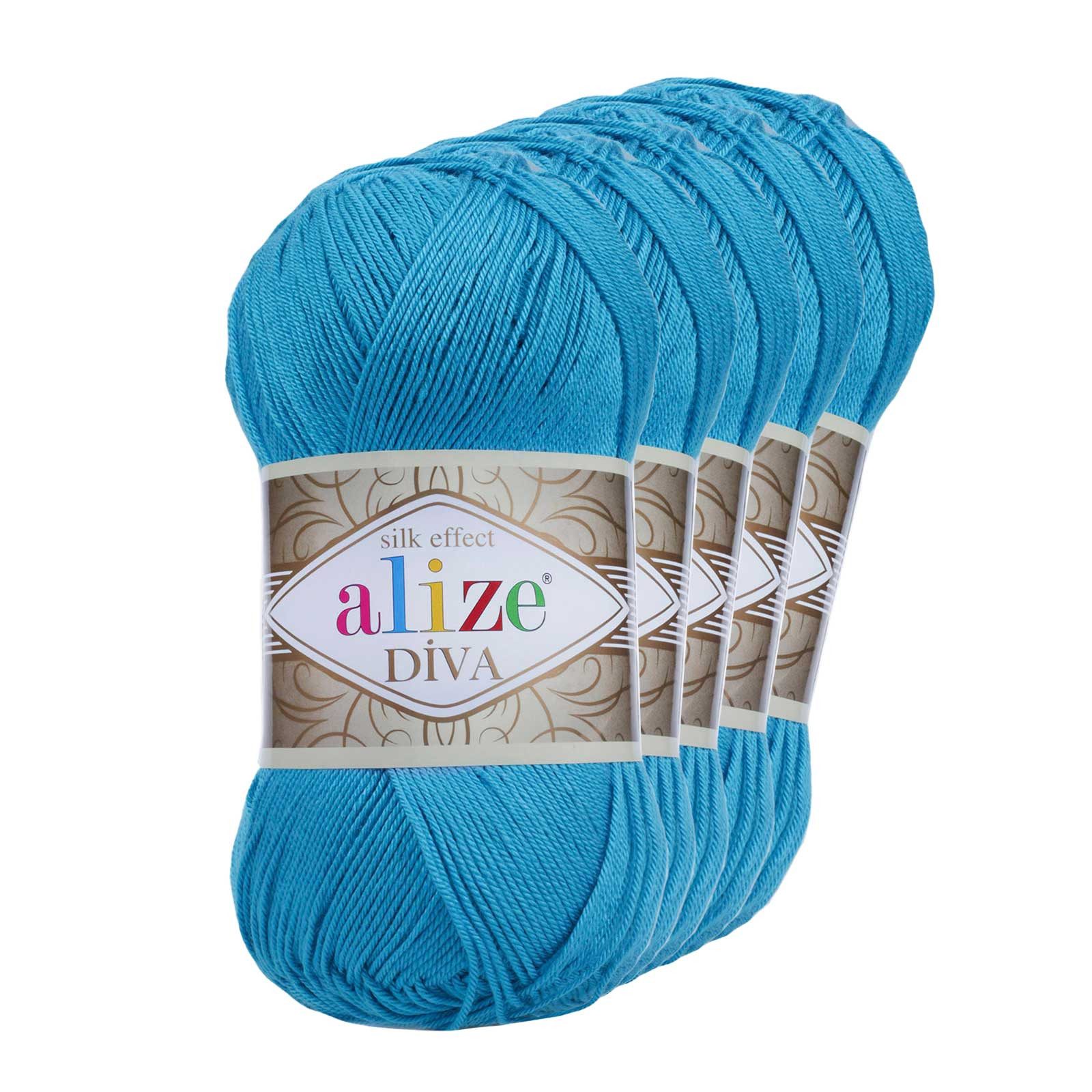 Alize 5 x 100g Strickgarn ALIZE DIVA - Häkelgarn Sommerwolle Häkelwolle, 350 m, 245 sochi-blau