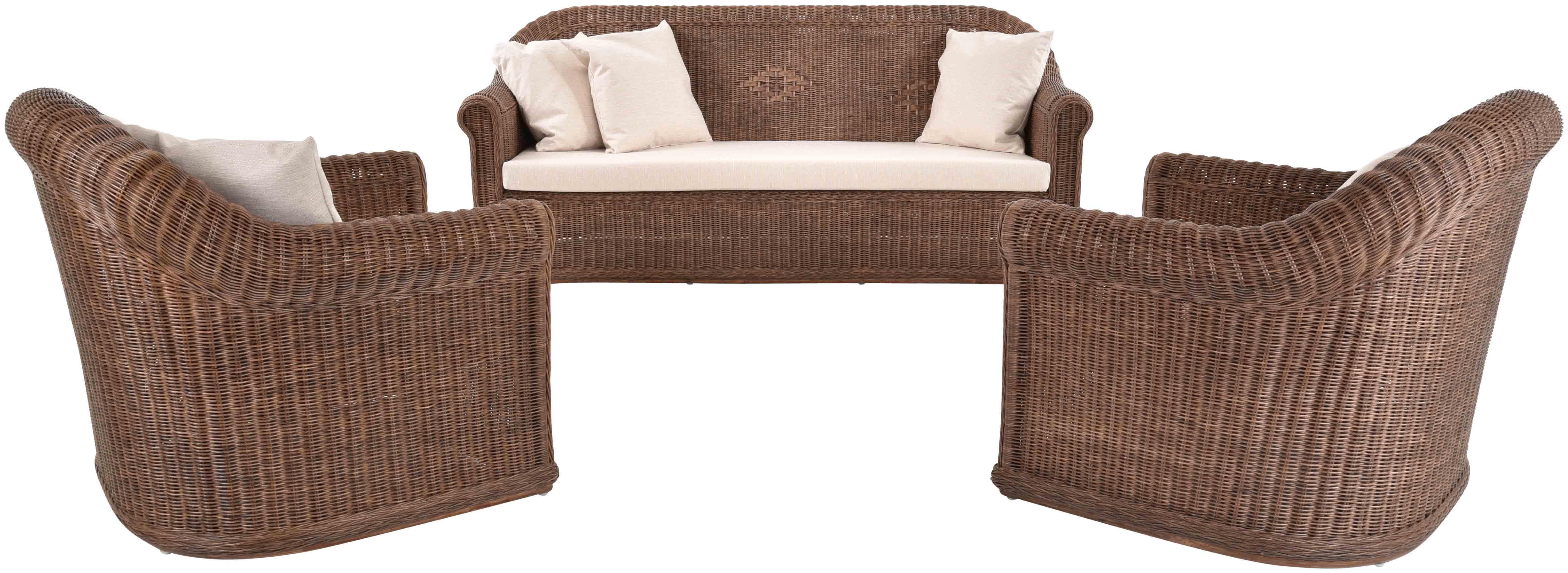 Krines Home Sitzgruppe Exklusives Wohnzimmerset Mons aus echtem Rattan Wintergarten Garnitur, (3-tlg), mit Polster Rattanmöbel Gruppe