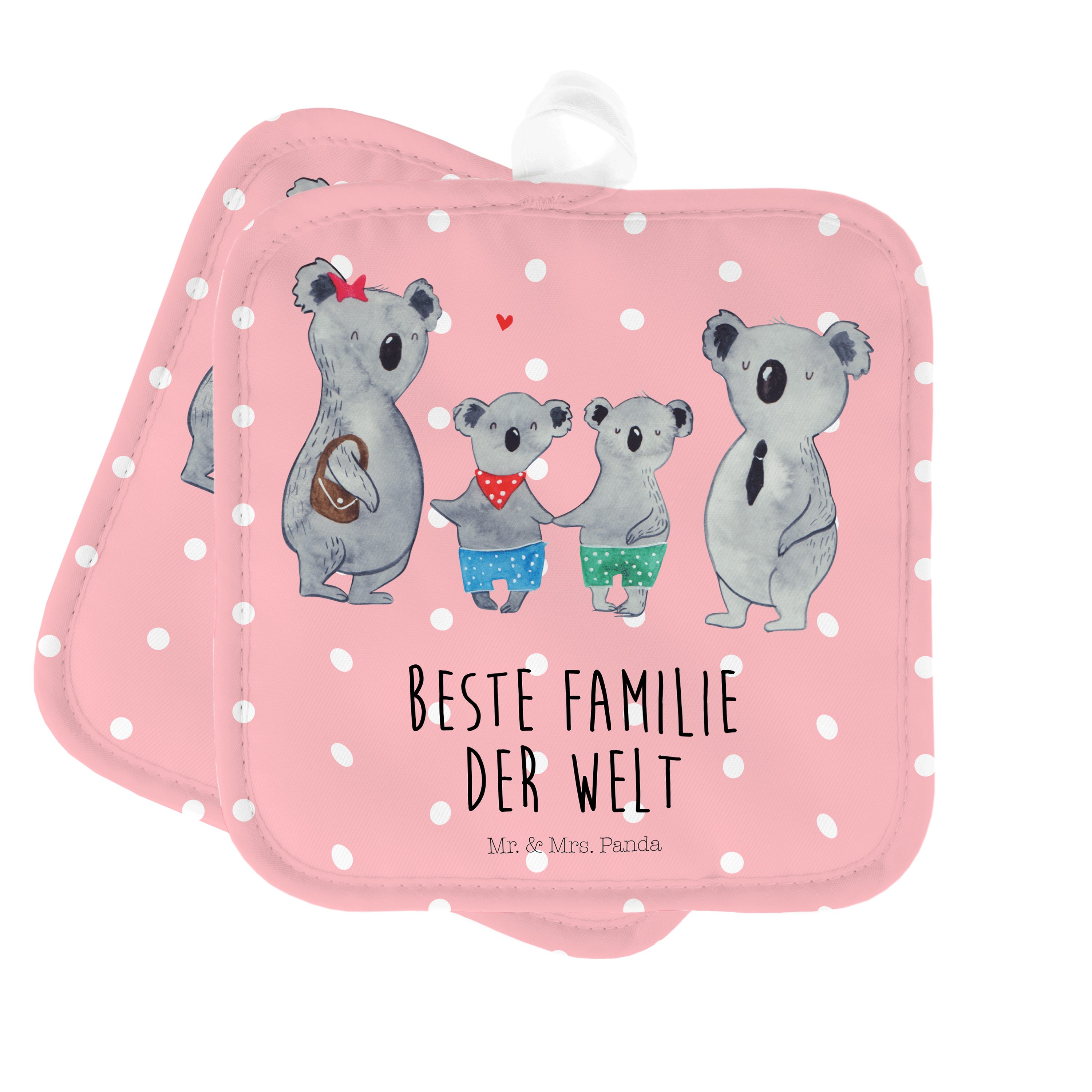 Mr. & Mrs. Panda Topflappen Koala Familie zwei - Rot Pastell - Geschenk, Topflappen lustig, Topfl, (1-tlg)