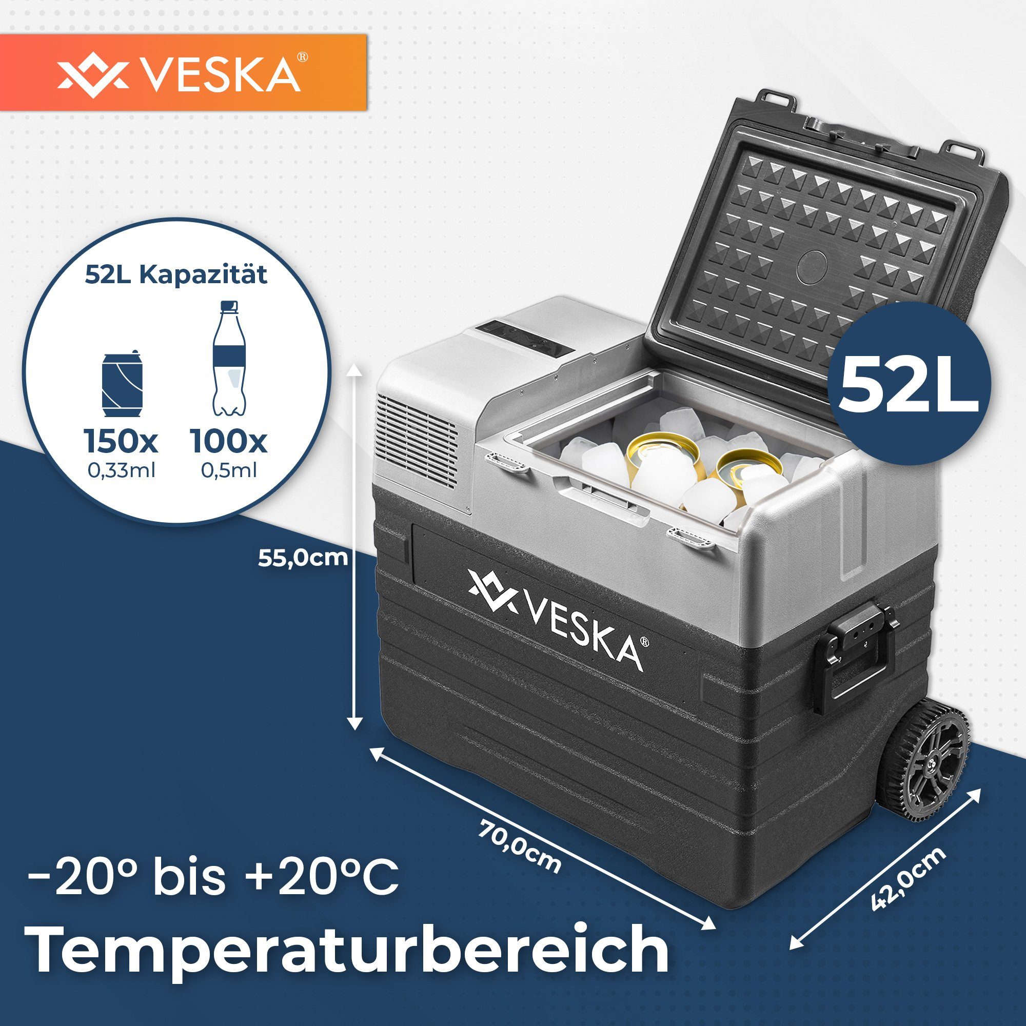 VESKA Elektrische Kühlbox Kompressor Gefriertruhe mobiler Kühlschrank, Kühltruhe, Gefrierbox, 12V/24V, 230V, für Auto, Lkw, Boot, Wohnwagen, Camping – Bild 4 von 5