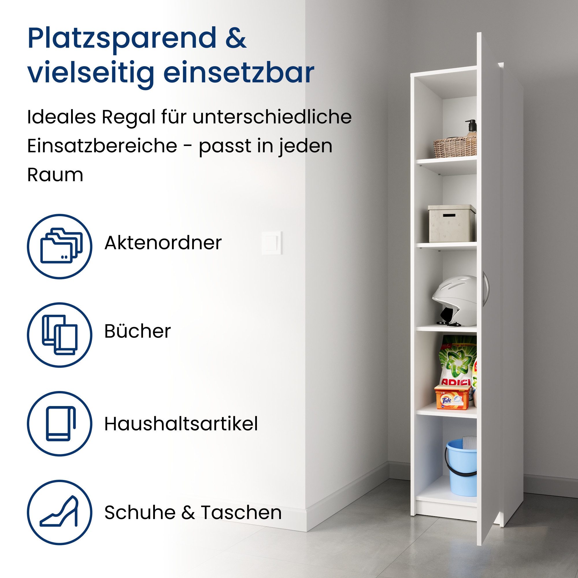 Home Collective Regal mit 5 Ebenen Aktenschrank mit 4 Einlegeböden und 1 Tür, in mattem Finish Standregal 39 cm breit weiß