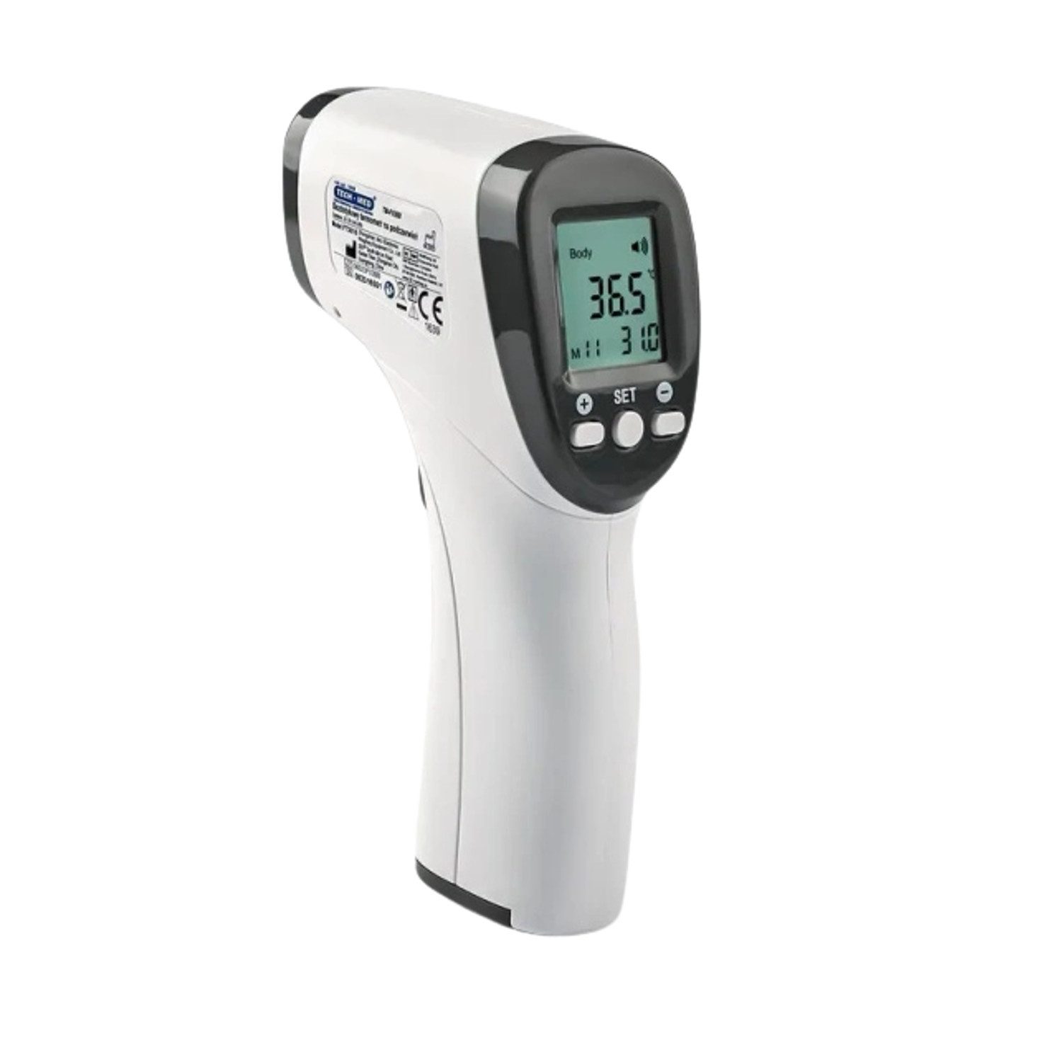 Tech-Med Fieberthermometer TM-F03BB kontaktloses Thermometer mit Alarmspeicher, LCD-Anzeige, Speicher für 32 Ergebnisse