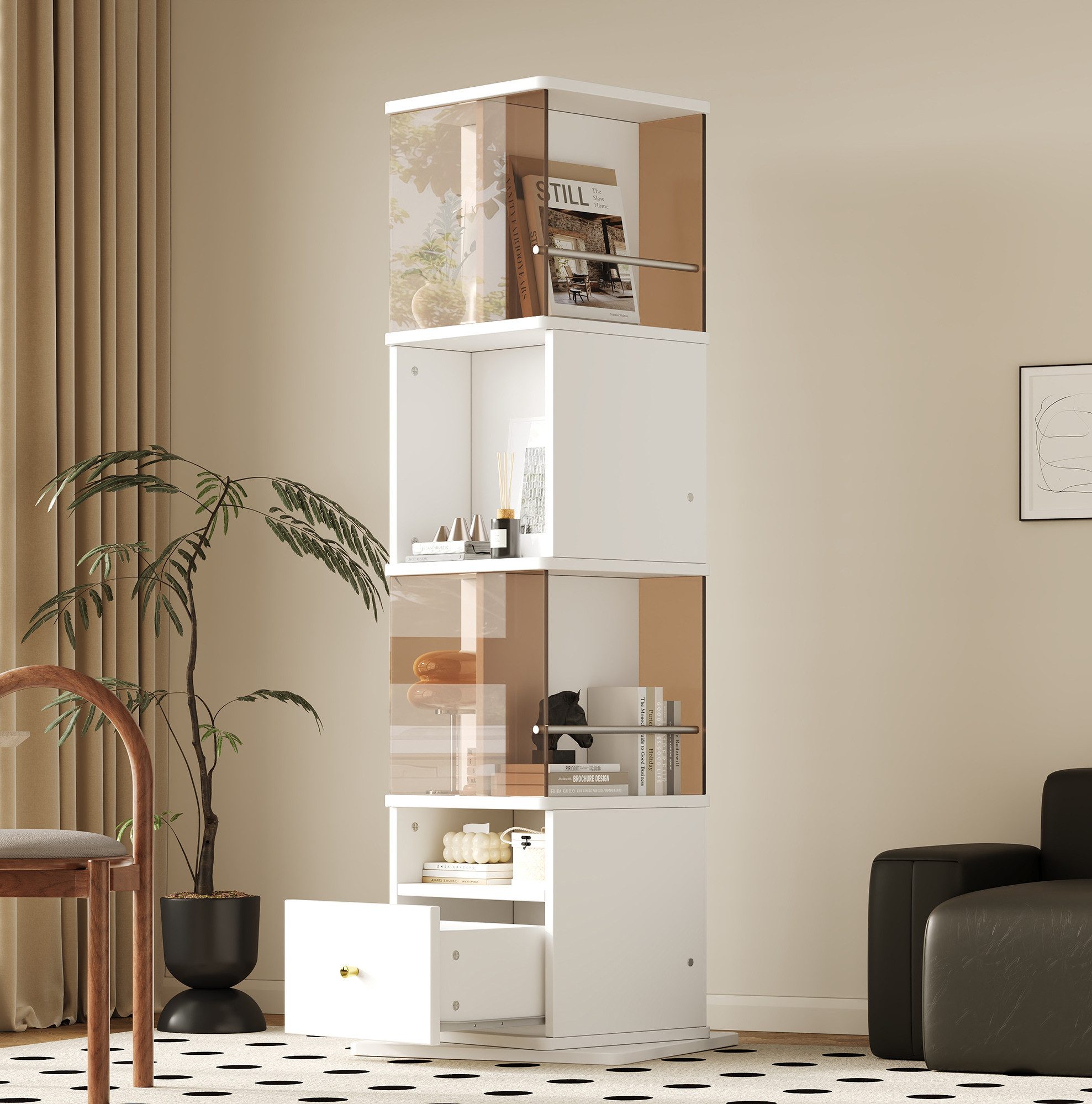 OKWISH Standvitrine Ausstellungsschrank, Vitrine (360° Drehbare, 50 x 50 x 160 cm mit gehärteten Glastüren, MDF-Melaminoberfläche, Drehteller und Schublade, moderner Vitrinenschrank mit goldenen Griffen)