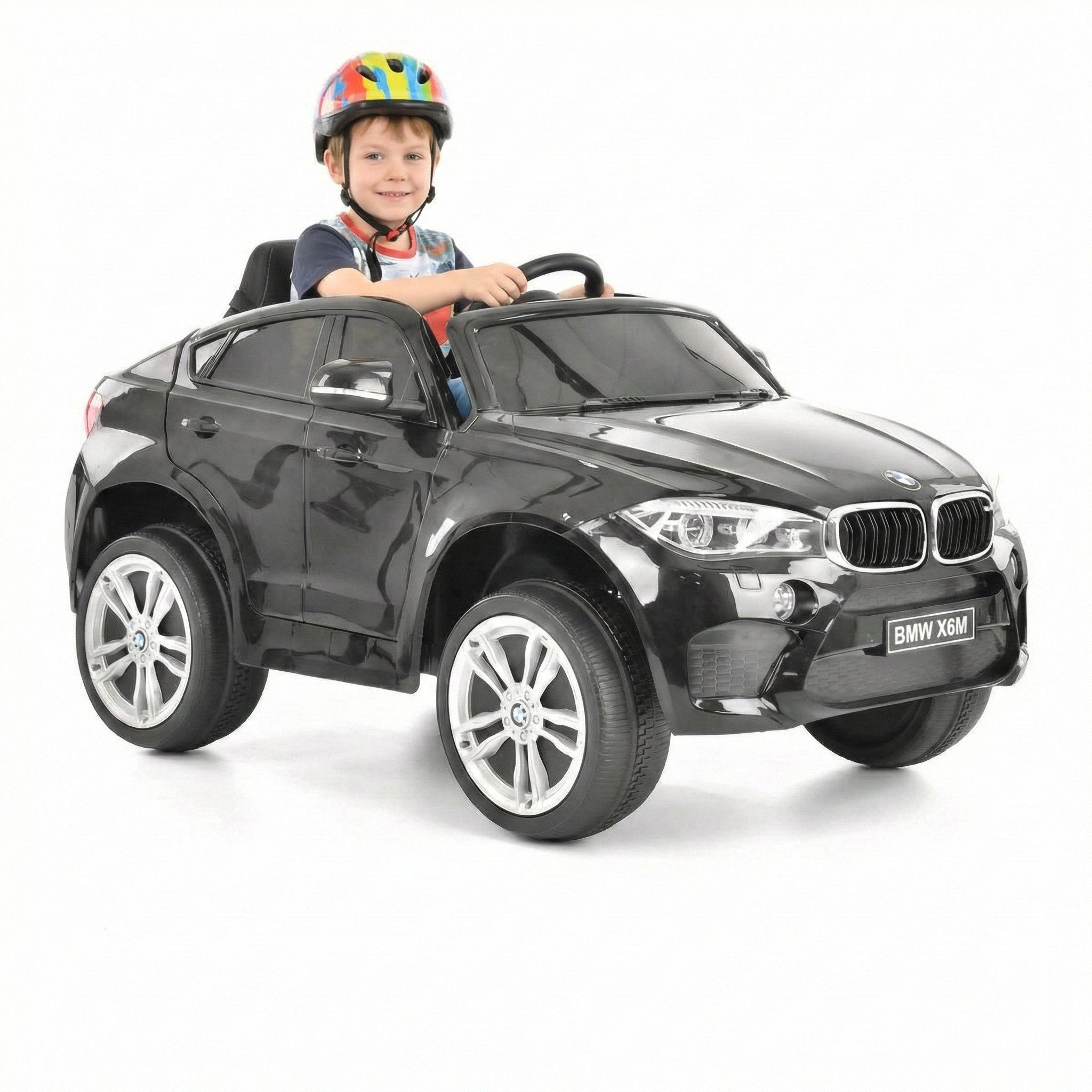 Hecht Elektro-Kinderauto lizensiertes BMW X6 Akku Kinderfahrzeug bis 5 km/h 12V/7Ah Akku, Belastbarkeit 30 kg, Fernbedienung, Radio, Hupe, Scheinwerfer, 2 Gänge, USB, AUX