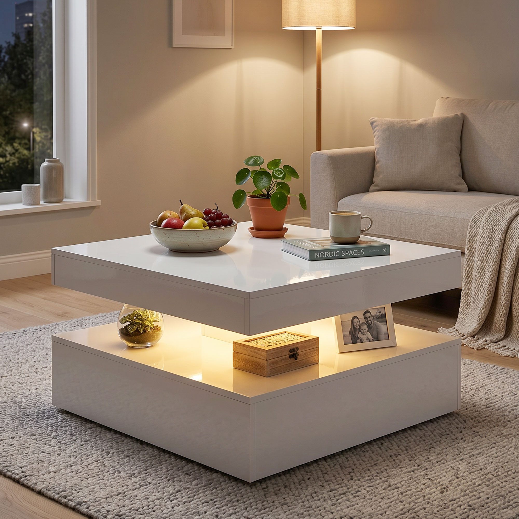 REDOM Couchtisch 78x78x40 cm Moderner LED Couchtisch Weiß Hochglanz (Packung, 1-St., Wohnzimmertisch mit Fernbedienung, Kaffeetisch modern), Tisch 2-stufig mit Stauraum & offener Ablagefläche
