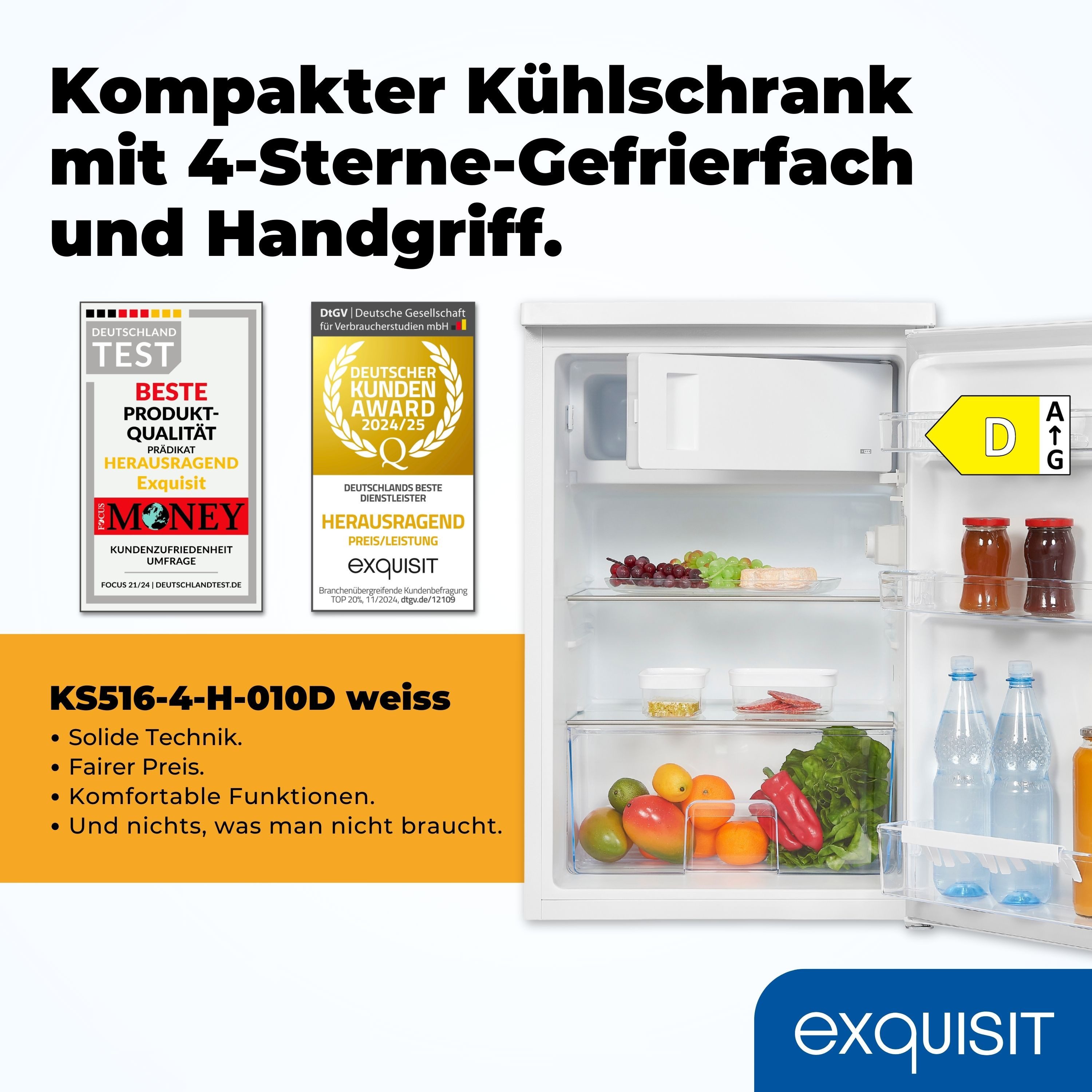 exquisit Kühlschrank KS516-4-H-010D, 85 cm hoch, 56 cm breit, 120 Liter, 39 dB, 4-Sterne-Gefrierfach, 2 Glasablagen