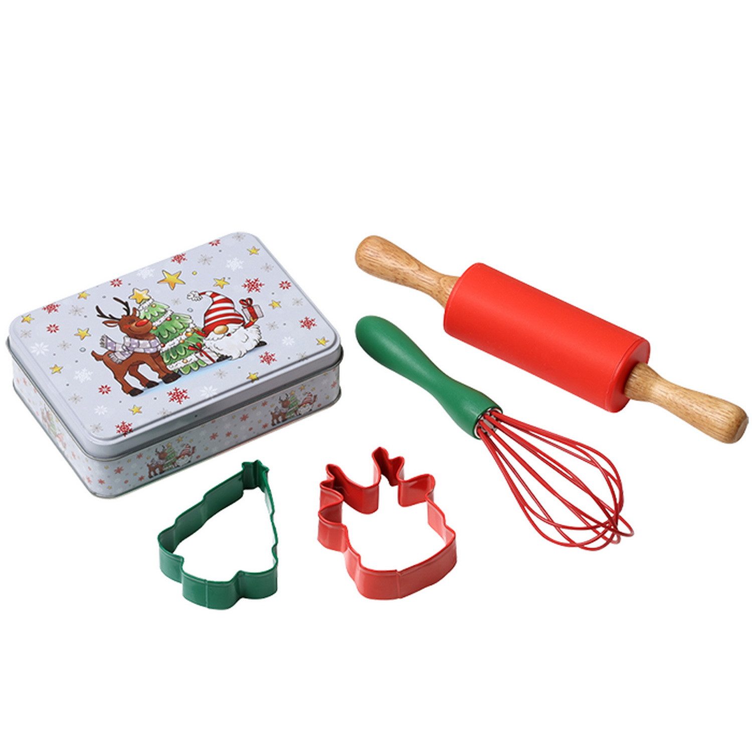KESPER® Back-Set Kinder-Backset zum Kekse Backen für Weihnachten und Advent, (Kinderbackset zur Weihnachtsbäckerei, 5-tlg., 1 × Keksdose - 1 × Kinderteigrolle - 1 × Schneebesen - 2 × Ausstecher)