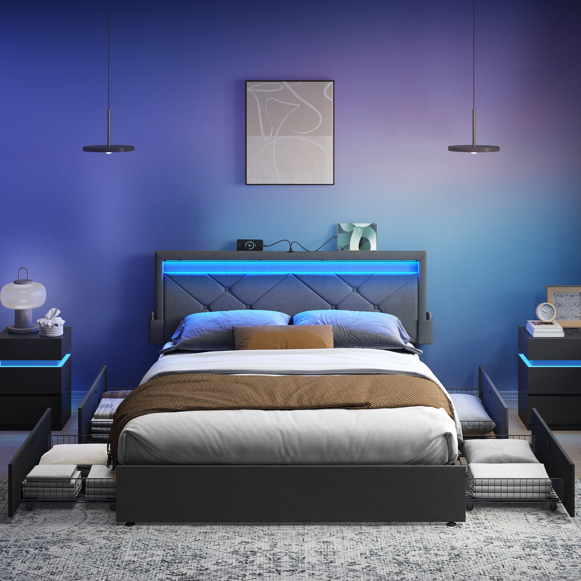 VASAGLE Polsterbett (140 x 200 cm, 4 Schubladen, verstellbares gepolstertes günstig online kaufen