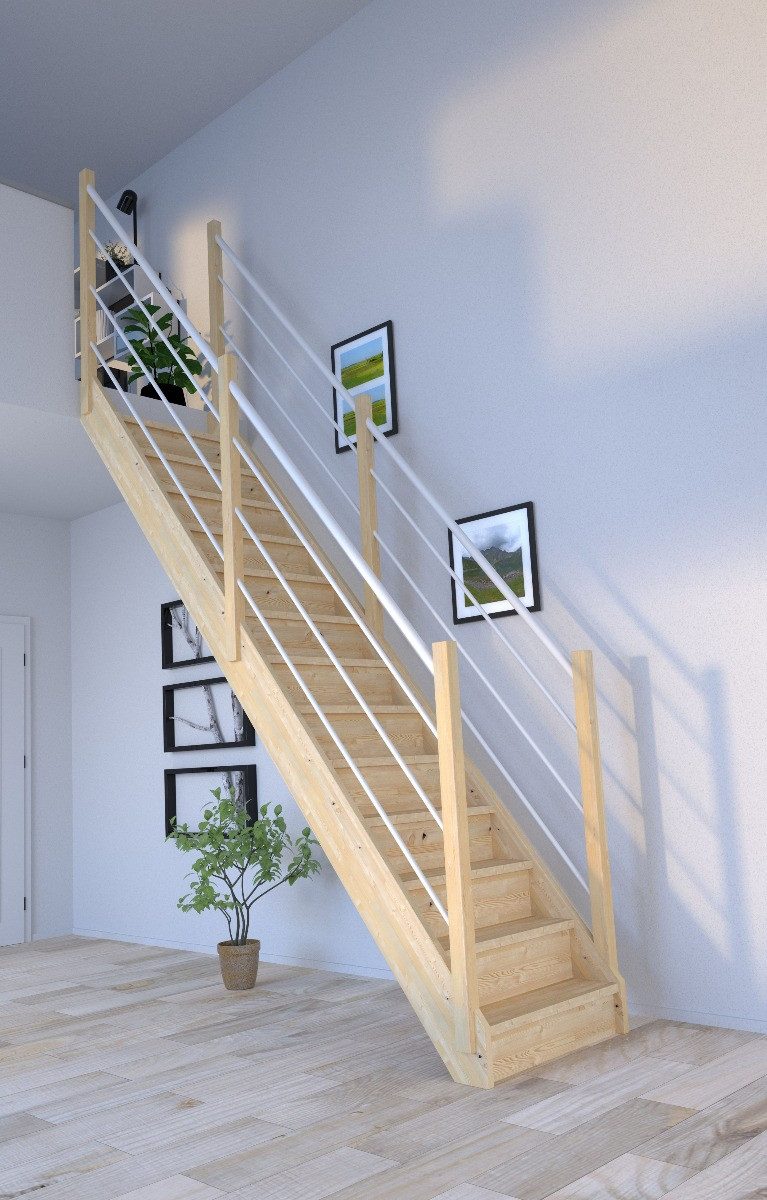 Starwood Raumspartreppe Holztreppe Korfu gerade-Holz-Edelstahl Geländer weiß-beidseitig-mit