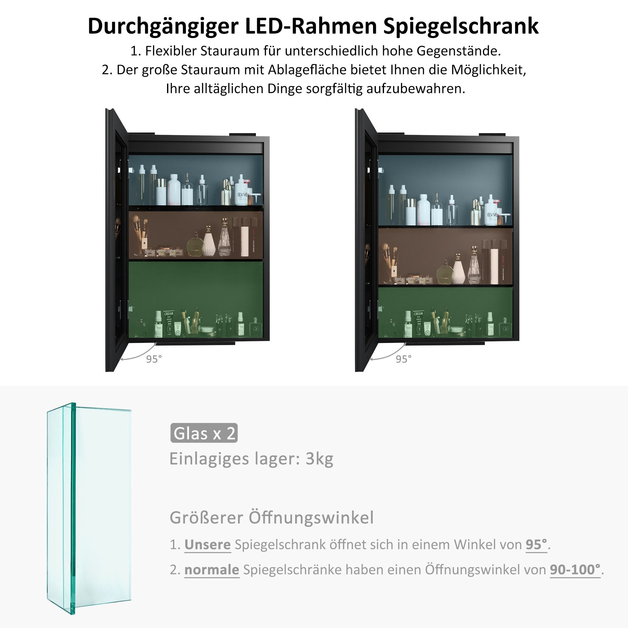 WDWRITTI Spiegelschrank Schwarz mit beleuchtung Hängeschrank 3Lichtfarben Dimmbar Anti-fog (Badezimmerspiegelschrank mit LED, Speicherfunktion, 1 türen 50x70cm, 40x60cm, Doppelseitiger Spiegel, Alu-Schranktür) Full Surround Light Strip, mit Netzadapter