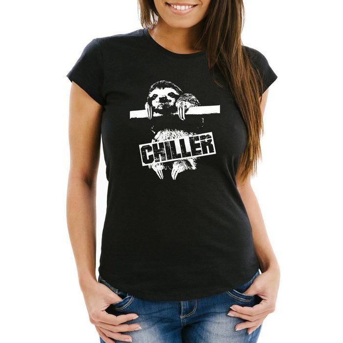 MoonWorks Print-Shirt Damen T-Shirt Faultier Born Chiller Sloth Slim Fit Moonworks® mit Print