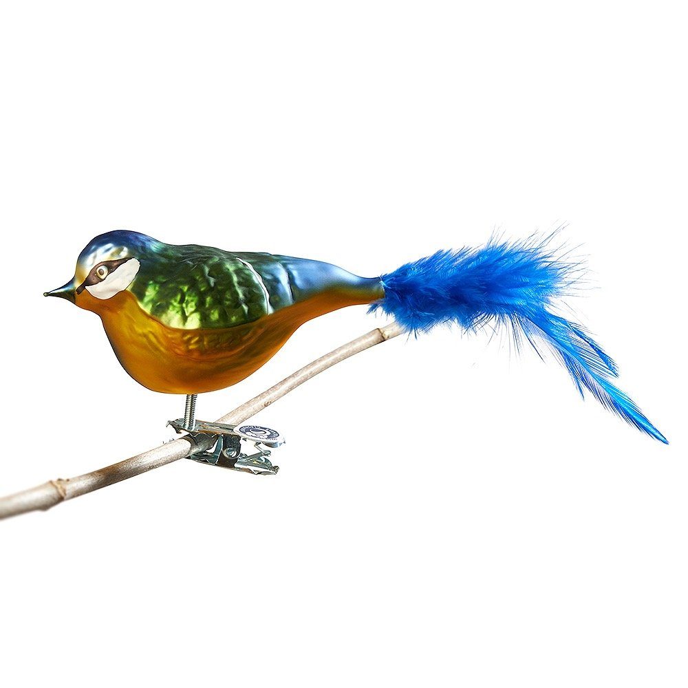 Birds of Glass Christbaumschmuck Glasvogel aus eigener mundgeblasen, mit Naturfeder, Herstellung handdekoriert, Blaumeise