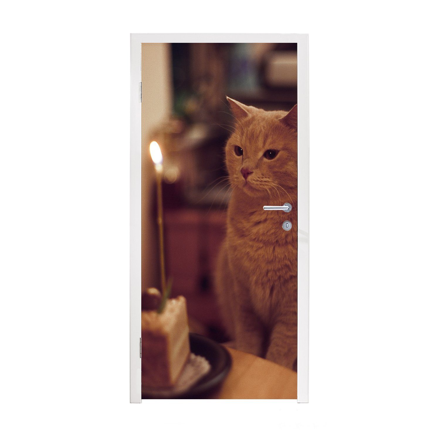 MuchoWow Türtapete Katze - Geburtstag - Kerze, Matt, bedruckt, (1 St), Fototapete für Tür, Türaufkleber, 75x205 cm