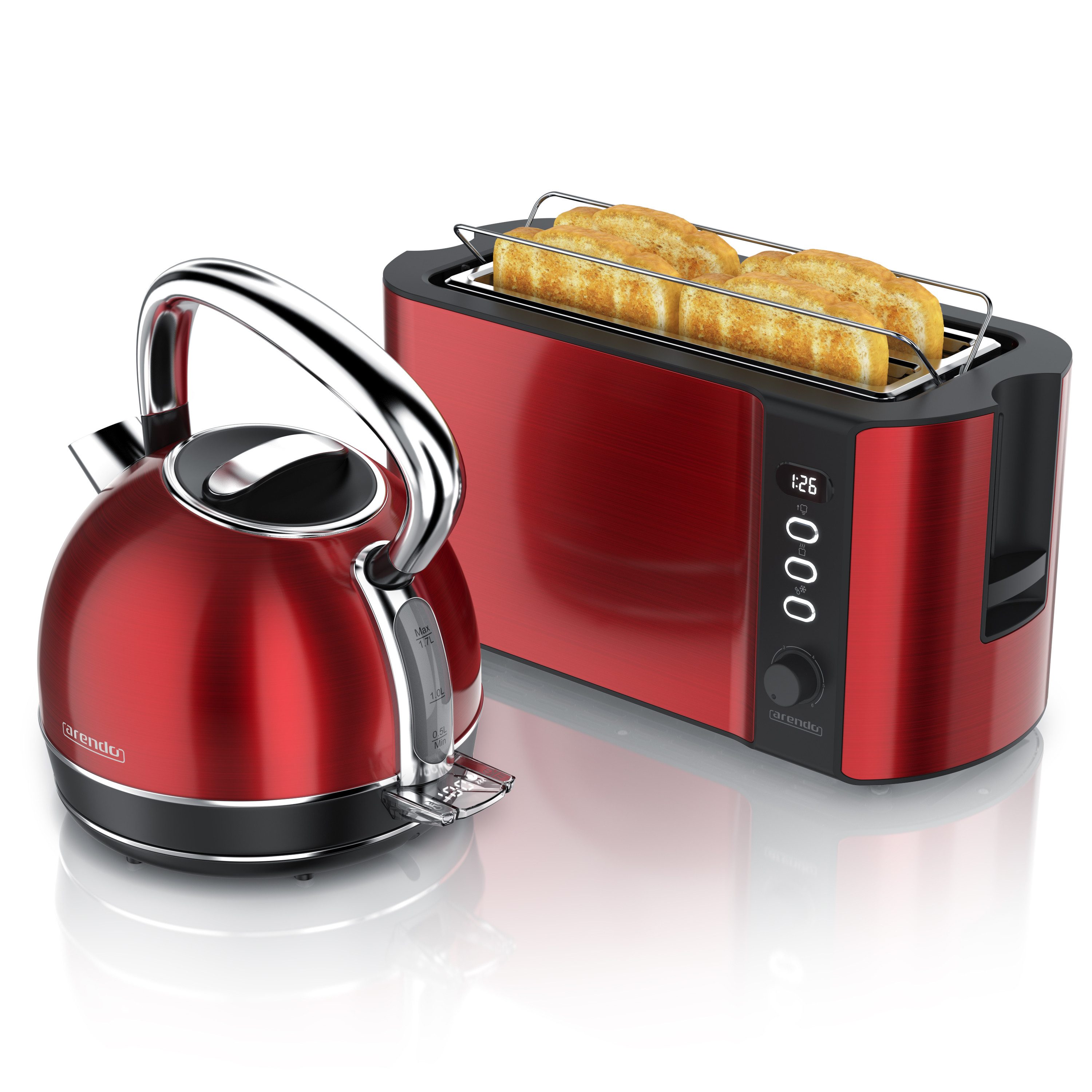 Arendo Wasserkocher Frühstücksset Wasserkocher + 4-Scheiben-Toaster rot, 1,7 l, 2200 W, LED Anzeige mit Touch Panel, Warmhaltefunktion, Zwischenmessung