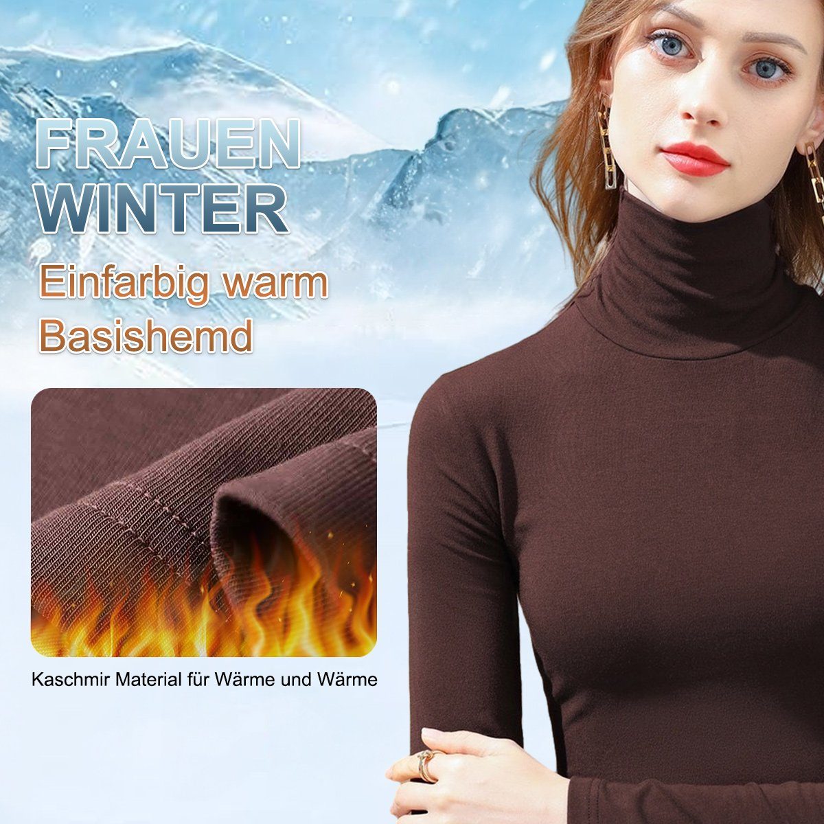 Damen Jormftte Pullover Elegant Slim Winter Thermounterhemd Fit für Brown Caramel Langarm