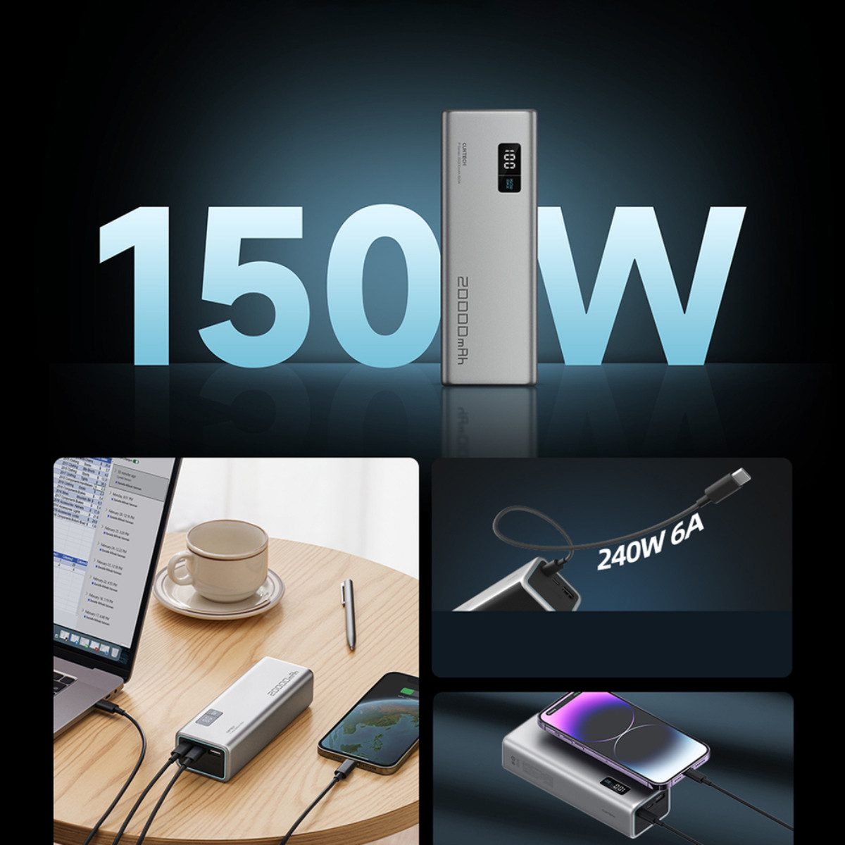 Cuktech P+Serie Nr. 15 Powerbank 20000 mAh (5, 9, 12, 15, 20 V), 150W High-Speed Laden für mehrere Geräte gleichzeitig