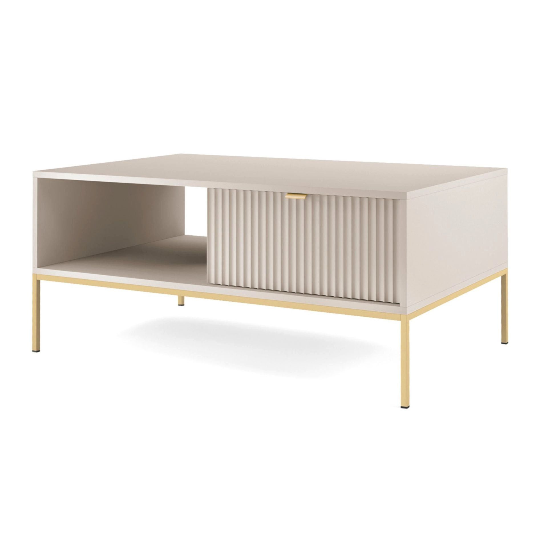 Selsey Couchtisch VELLORE, mit geriffelter Front, Schublade & offenes Fach, Gold-Metallgestell
