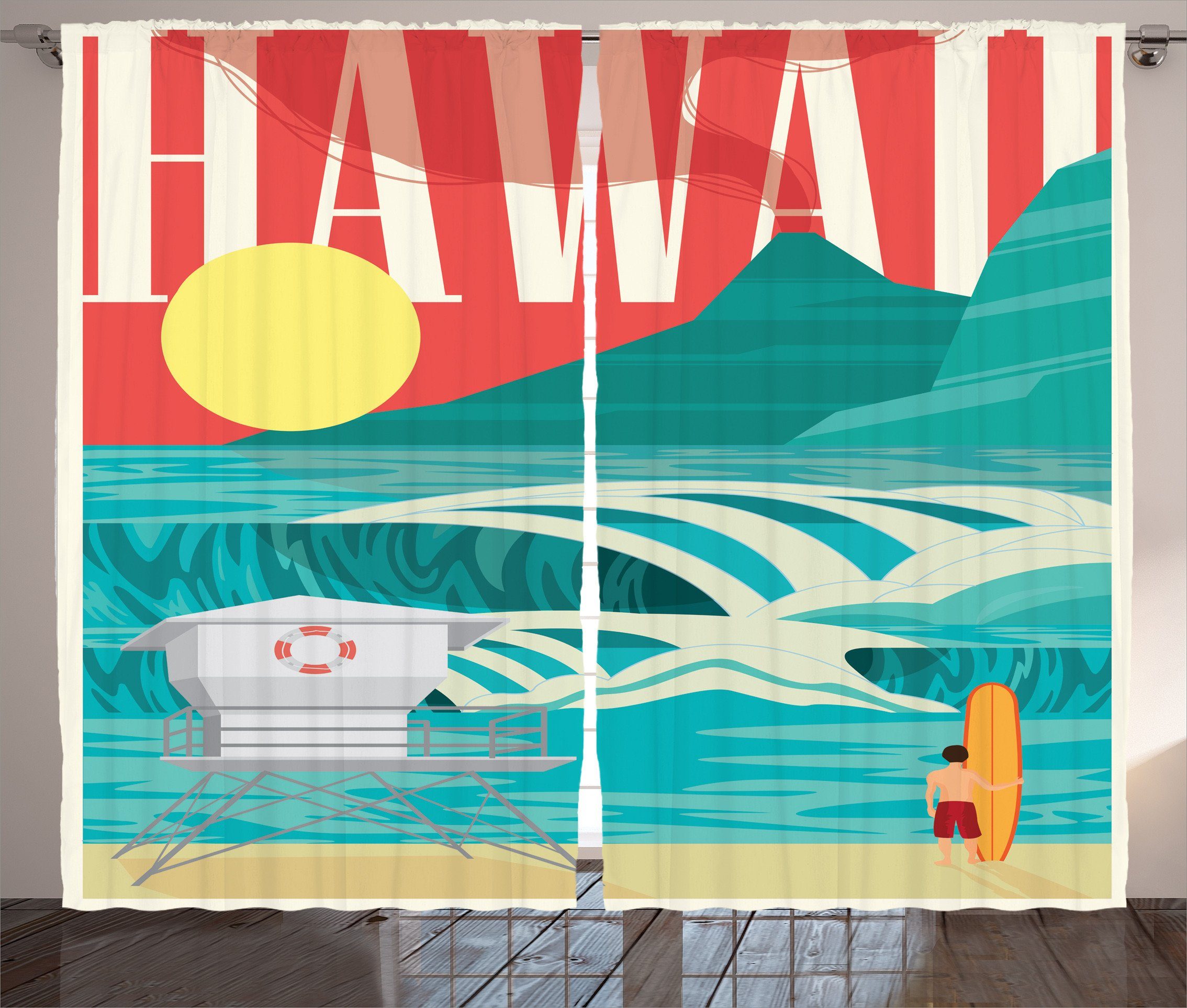Gardine Schlafzimmer Kräuselband Vorhang mit Schlaufen und Haken, Abakuhaus, Tropisch Hawaii Urlaub Küste | Fertiggardinen